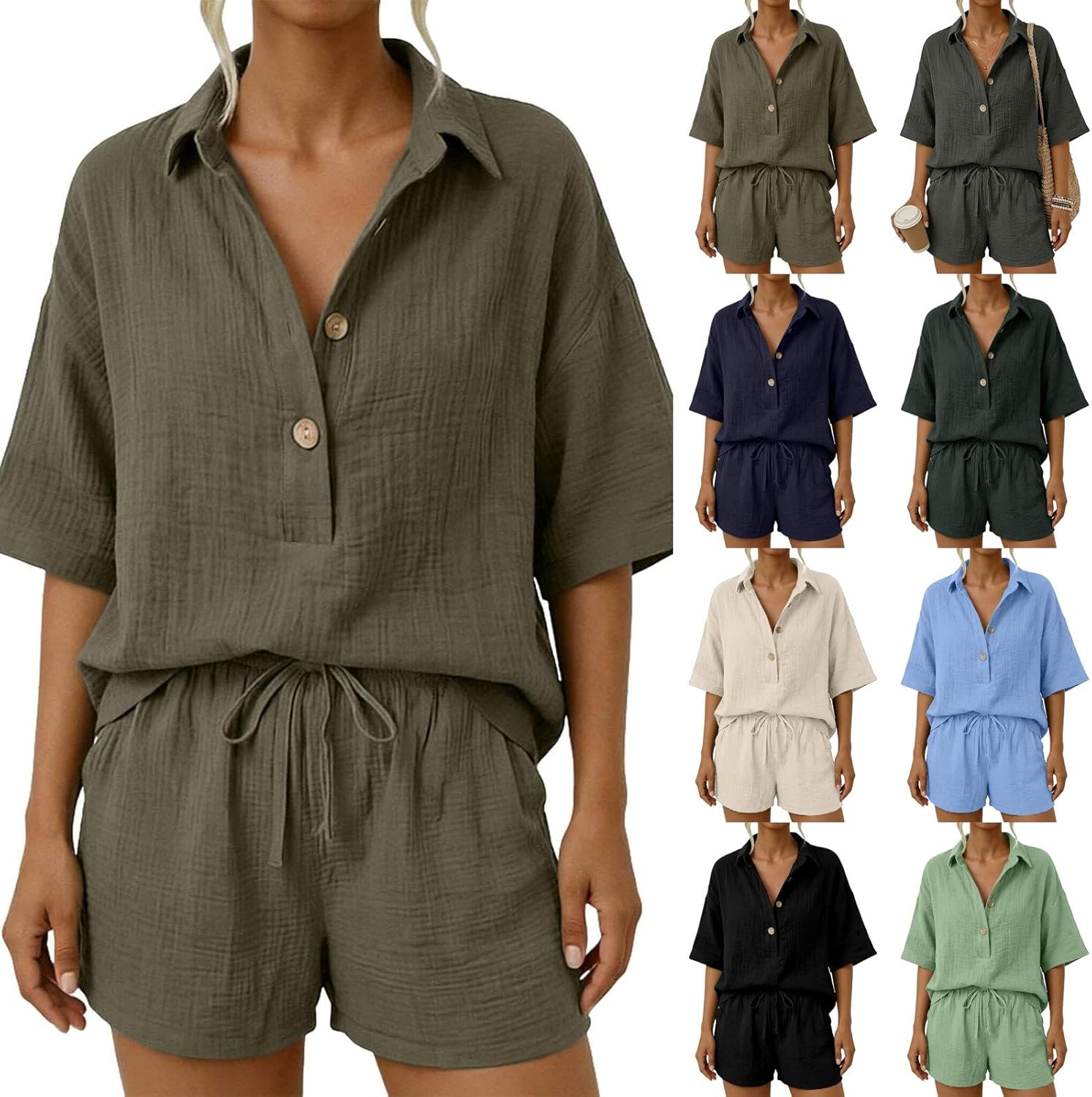 Two Piece Linen Sets for Women Summer Half Sleeve Shirts and Shorts Set Lounge Matching Linen Short Sets Resort Wear