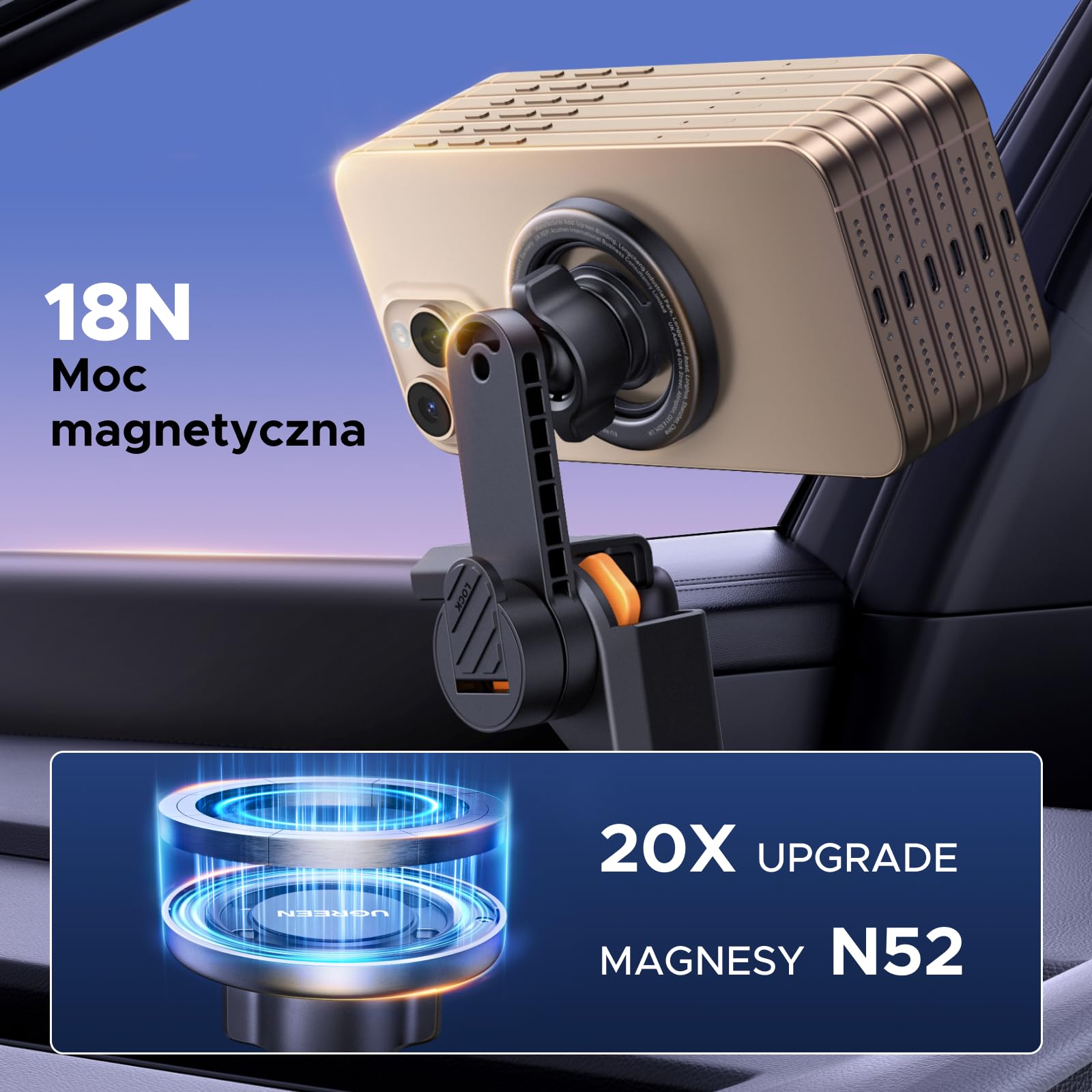 UGREEN MagSafe uchwyt do Tesli 3/Y 360° obr | Kompatybilny z ekranami o grubości 5–11 mm, w zestawie metalowy pierścień, 12 magnesów N52 – siła >18N, montaż beznarzędziowy