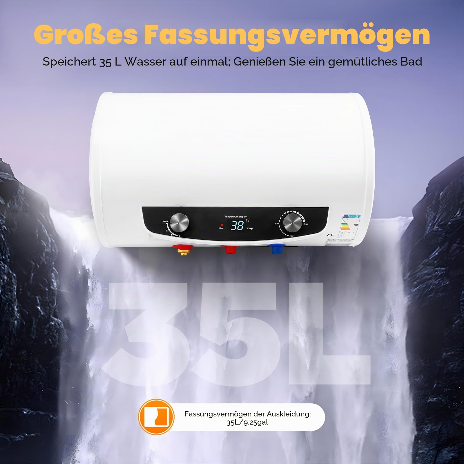 50 Liter Elektro Warmwasserspeicher 2000W Heizleistung Boiler Warmwasserboiler Speicher Leckage-Schutz, Upgraded Horizontal Wandhänge 25-75°C Wasserboiler [Energieklasse B]