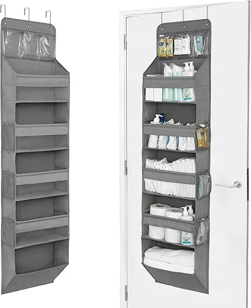 LILEKA Heavy Duty Over The Door Organizer Hanging Storage – 6-Tier Behind The Door Storage with 5 Large, 6 Side & 3 PVC Pockets – 50 lbs Hanging Organizer for Closet, Nursery, Bathroom – 1 Pack, Gray