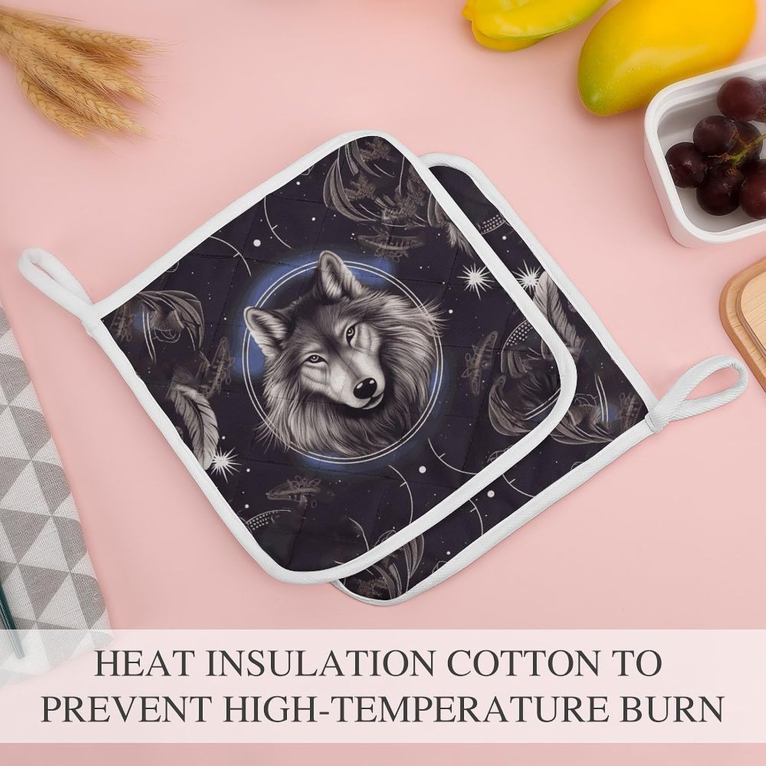 Wolves And Dream Catchers Polyester Heat Resistant Pot Pad Non Slip Anti Scald Hot Dish Mat Reusable Table Protector for Kitchen Hot Pot Mat Wear Resistant Heat Proof Table Pad for Countertop Dining R