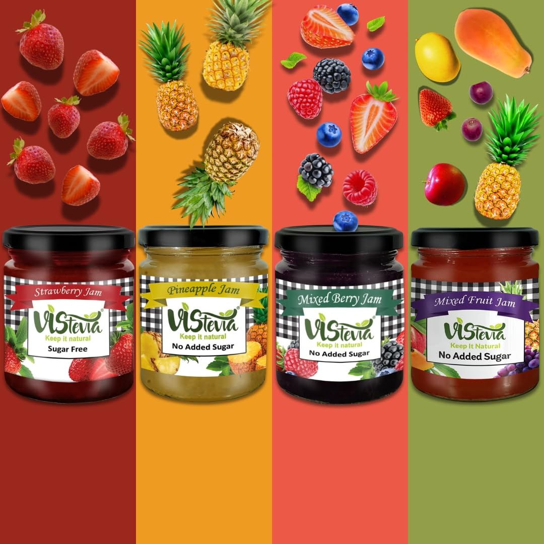 Vistevia Sugar Free Jams Sample, Strawberry, Pineapple, Mixed Berry, Mixed Fruit, Diabetic and Keto Friendly, Naturally Sweetened With Stevia - Delicious To Taste, Pack of 4 (4 * 45g) (B0DGXRLFD9) Amazon Price History, Amazon Price Tracker