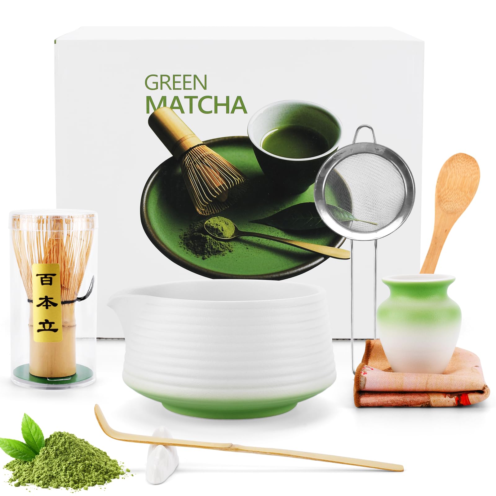 5 Pezzi Matcha Kit, Matcha Whisk Set,Frusta Matcha, Ciotola Matcha, Supporto Chasen, Cucchiaio di Matcha, Setaccio Di Matcha, per La Casa, l'Ufficio e la Sala da Tè (C