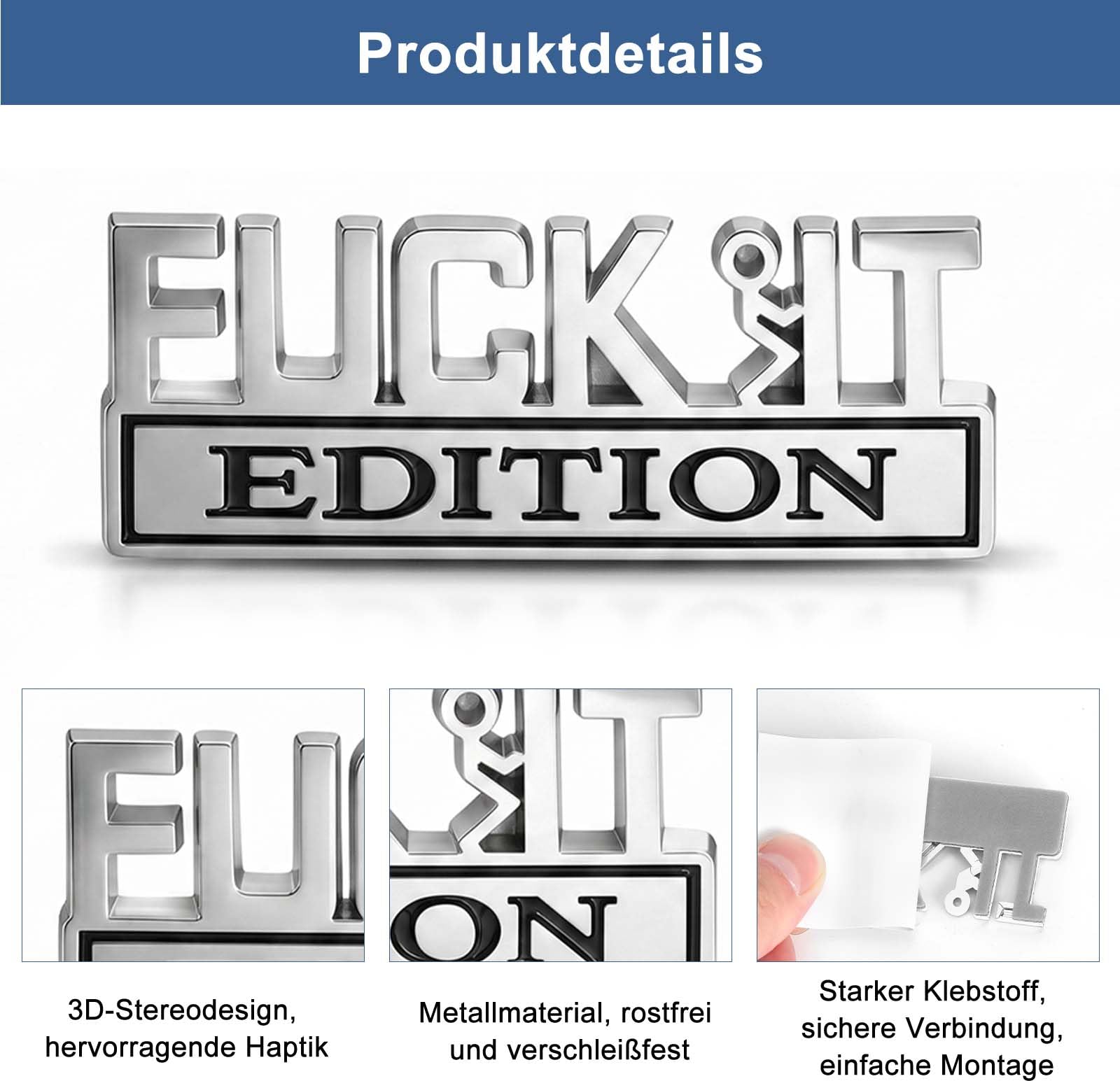 Fuck It Edition naklejki na samochód, 2 sztuki, samoprzylepne, 3D | Metalowa naklejka samochodowa 3D, zabawna, na tylną klapę, karoserię, tuning, srebrno-czarna