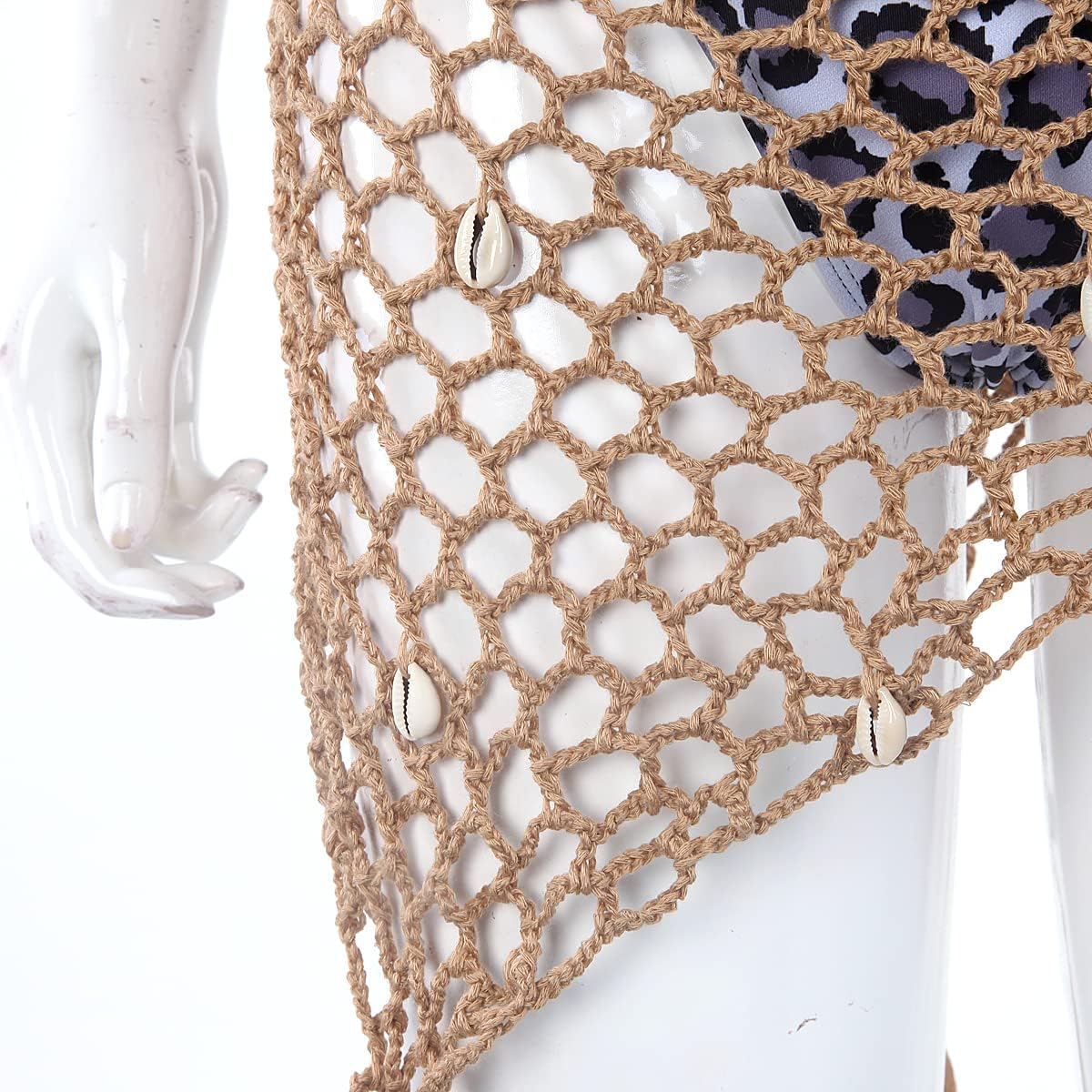 Women Hollow Out Crochet Cover Up Triangle Shawl Wrap Scarf Sarong Fishnet Skirt with Shells/Sequin - Image 4