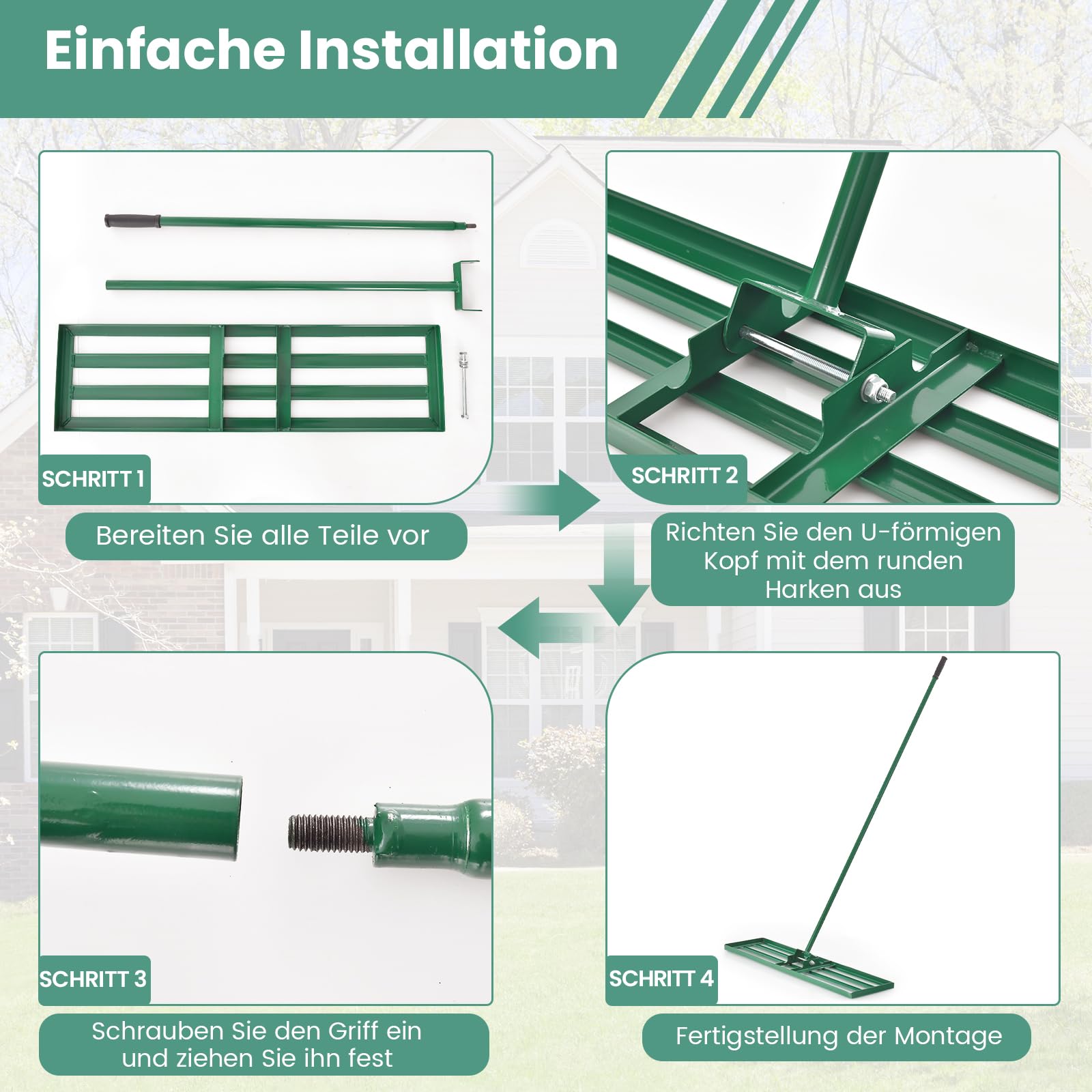 COSTWAY Rasen Nivellierrechen Metall, Rasenrechen mit ergonomischem Griff, Nivellierung von Sand Boden, Rechen Flächenebner Rasenwerkzeug, für Garten Hinterhof Golfplatz, Grün (91 cm x 25 cm)