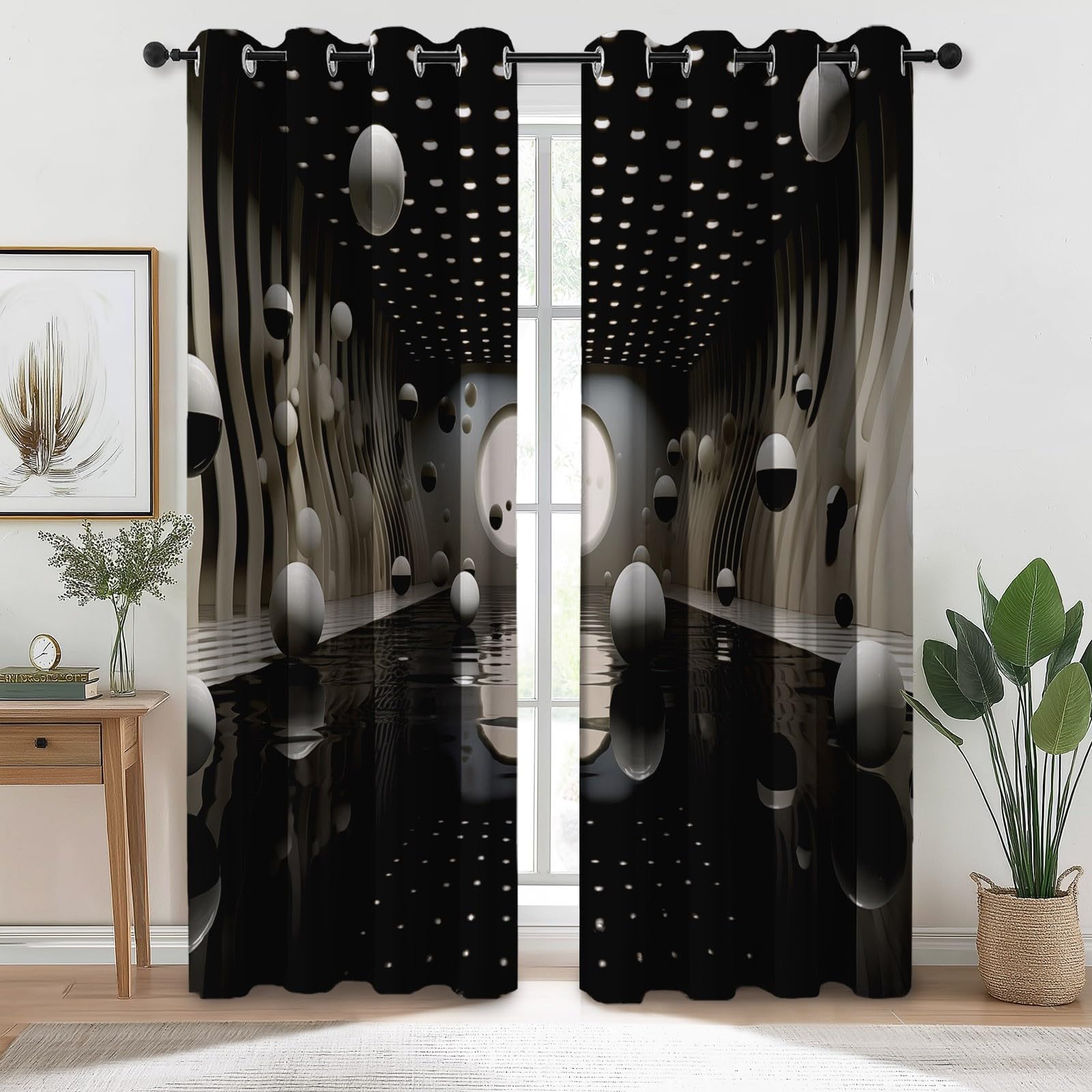 Rideaux Longs 140L X 260H cm (2 Panneaux), Géométrique Abstrait Moderne Imprimé, Tissu Occultant Épais pour Grand Salon et Loft, Noir Blanc
