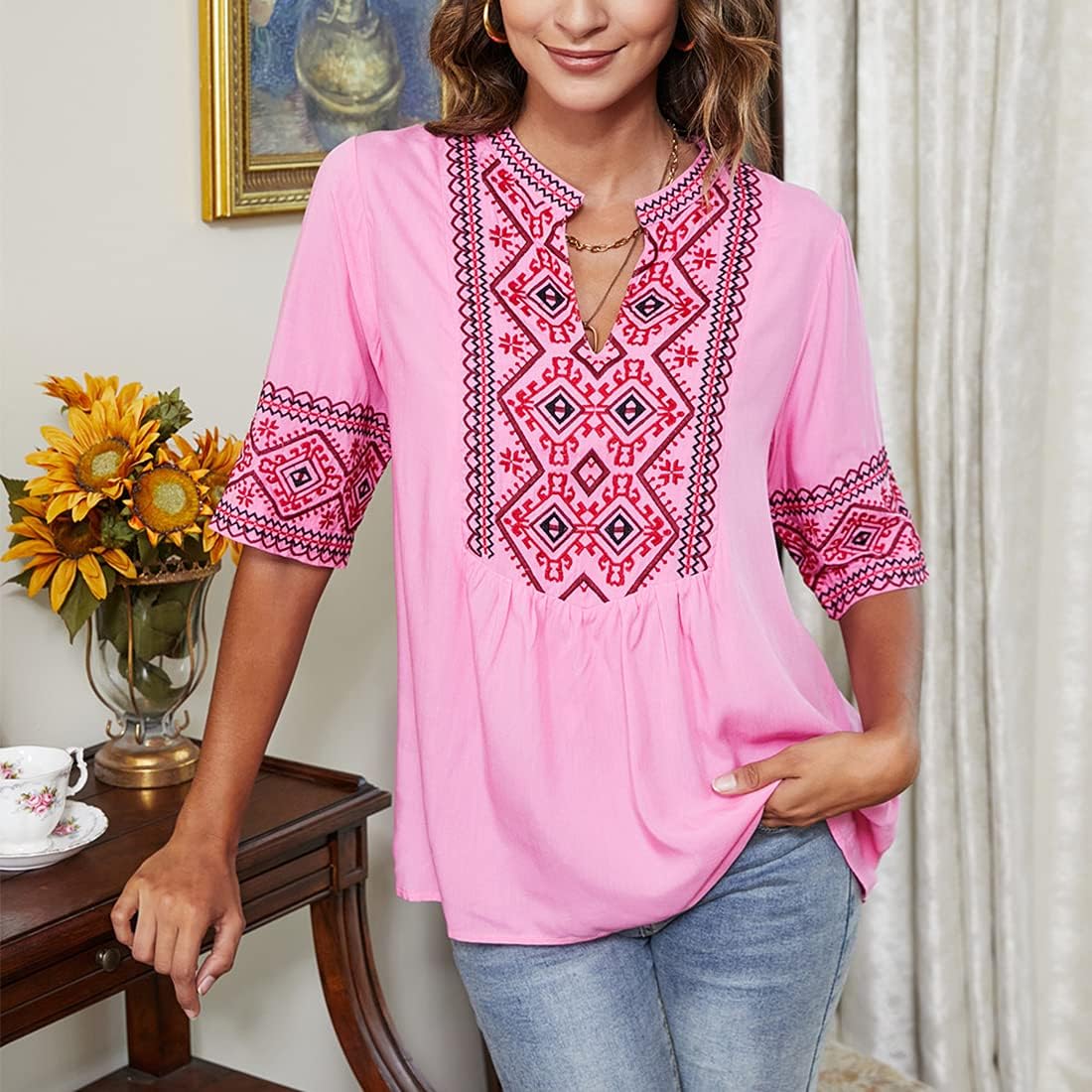 AK Women's Summer V Neck Boho Embroidered Mexican Shirts Short Sleeve Casual Tops Blouse - Image 5
