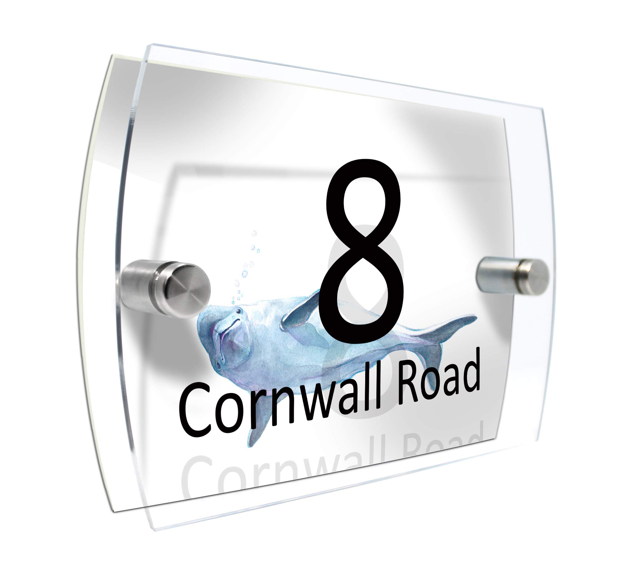 Colourbat Watercolour Animals Personalised Modern House number Sign Name and Number Street Wall Plaque (Dolphin)