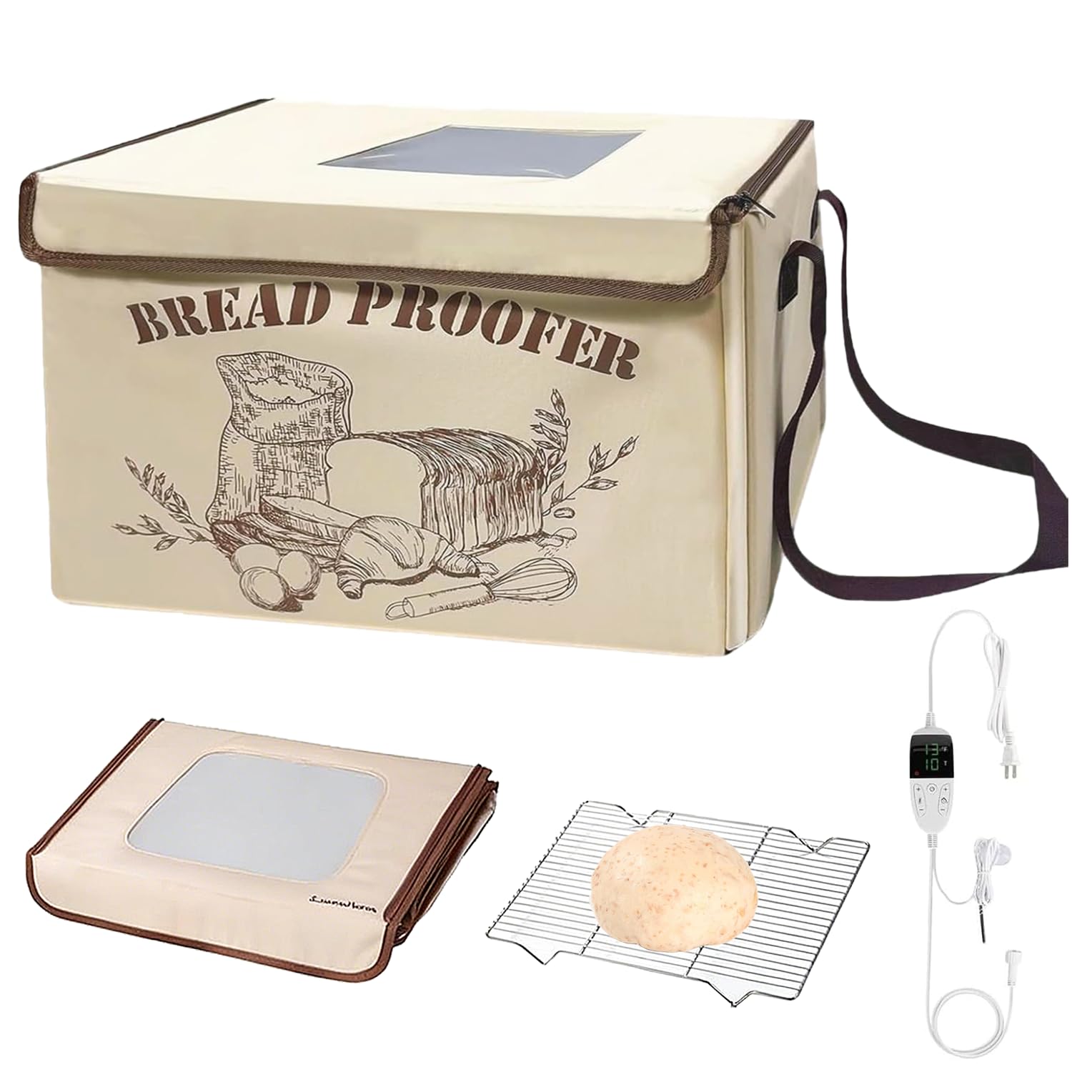 Boîte de Fermentation au Levain avec Chauffage, Pliable Boîte de Levée de Pâte Polyvalente avec Chauffage sur 3 Côtés et Grille en Fer, Affichage Numérique 50 à 113 °F, Minuterie de 0 à 48 Heures