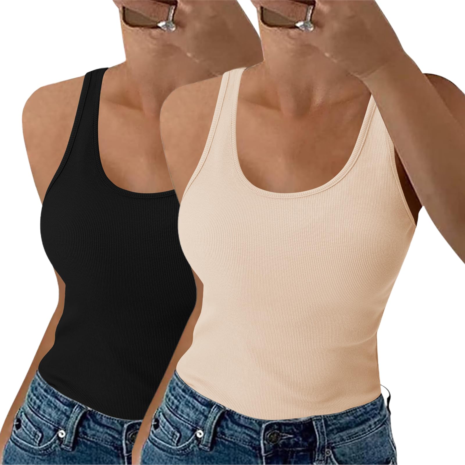 Aottori Damen 2er Pack Tank Top Sommer Slim Fit Oberteile Ärmellos Gerippt Basic Shirt Rundhals Weste Baumwolle Tops Sexy Casual Vest Einfarbig