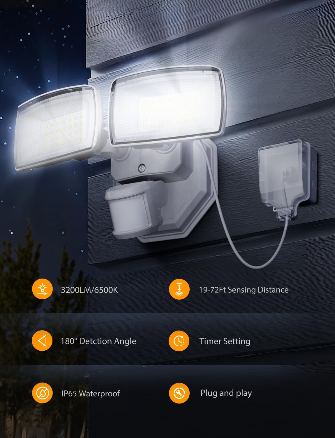 Onforu 32W Plug in Motion Sensor Lights Outdoor, 3200LM Motion Flood Light Dusk to Dawn, IP65 Waterproof Led Security Light Outside, 2 Heads Motion Activated Wall Light for Garage, Porch, Yard - White