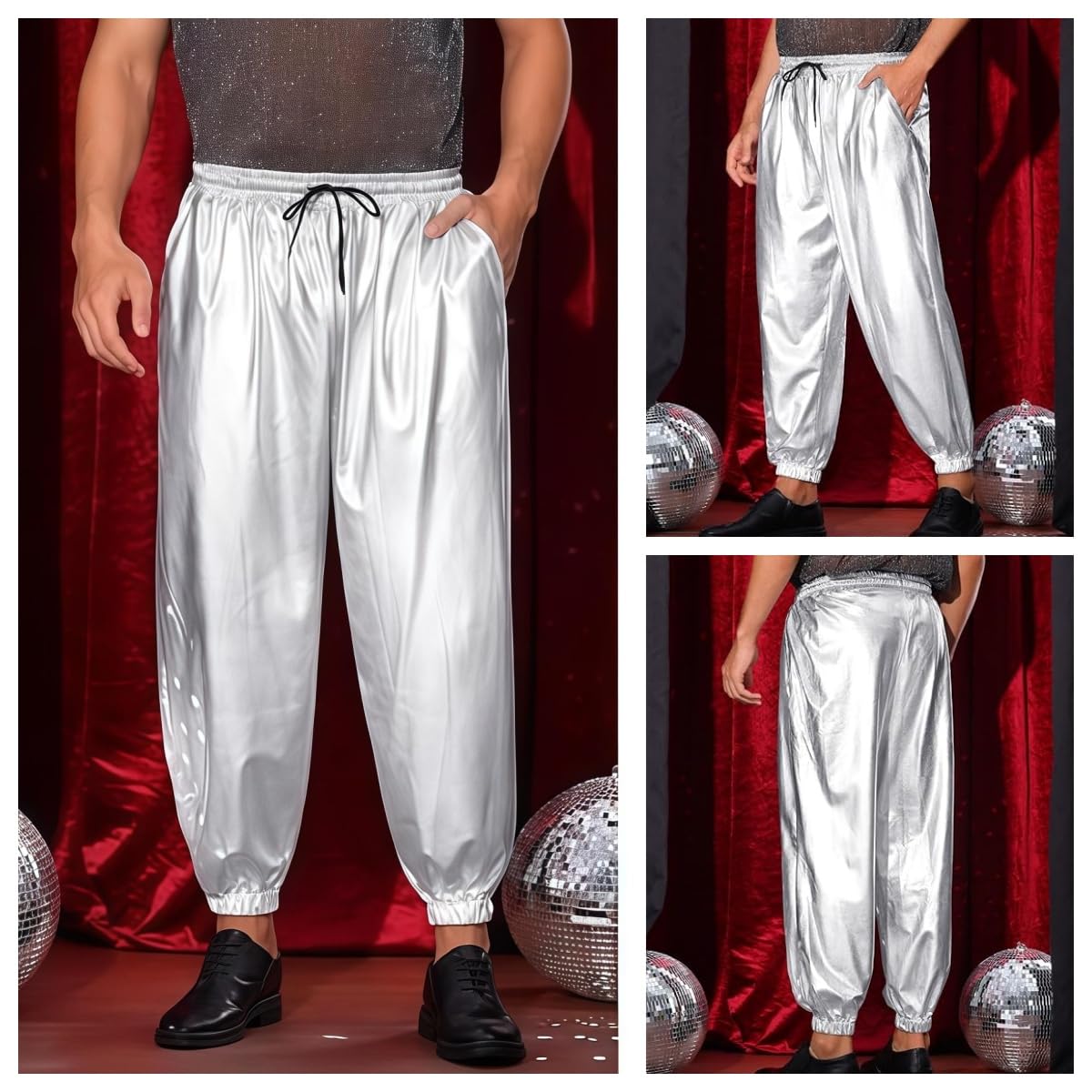 Herren Glänzende Hose, Metallic Kordelzug Taille Disco Hose mit Taschen, Mid Waist Kunstleder Hologramm Hip Hop Tanzhose Elastische Volle Länge Wetlook Hose für Nachtclub Party Festival