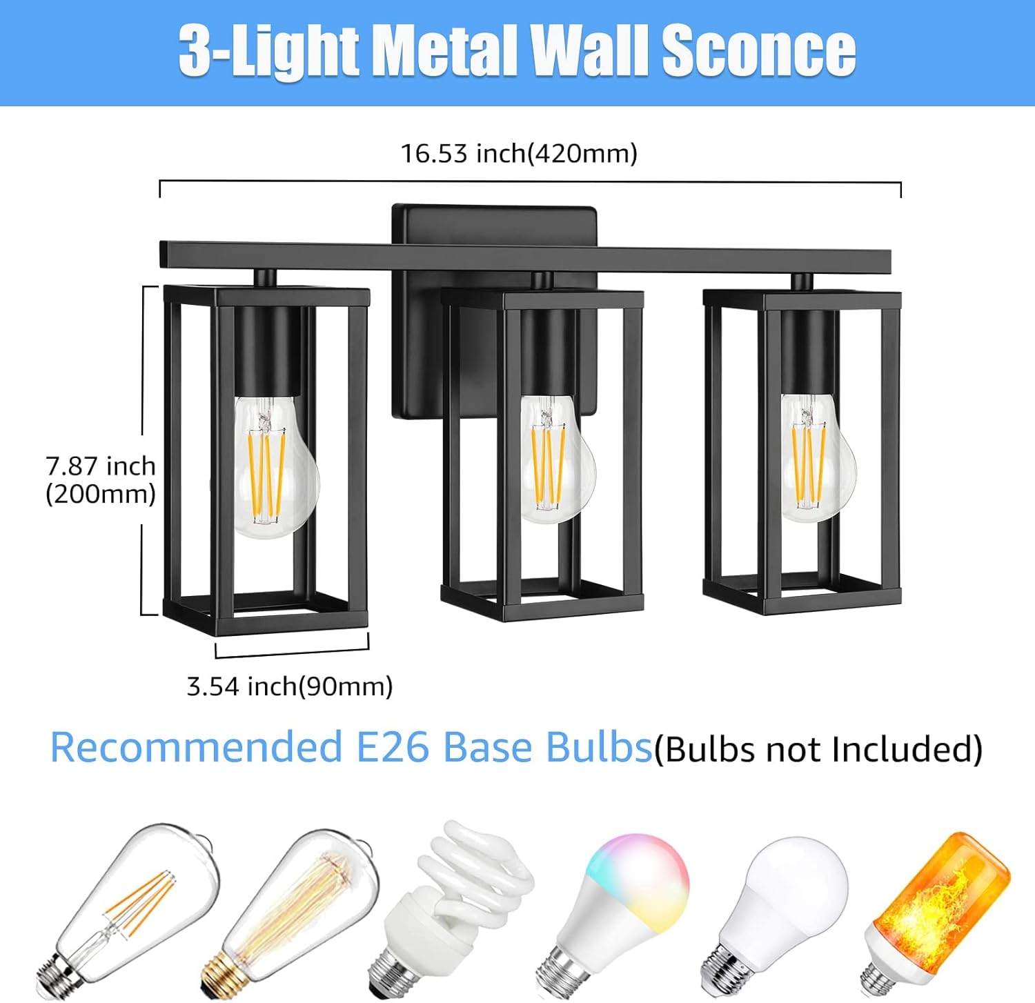 ShineTech 3-Light Bathroom Light Fixtures, Farmhouse Vanity Lights with Metal Cage, Black Bathroom Vanity Light, Anti-Rust Wall Lamp, Bathroom Light for Mirror, Cabinet, Kitchen, Living Room, Bedroom