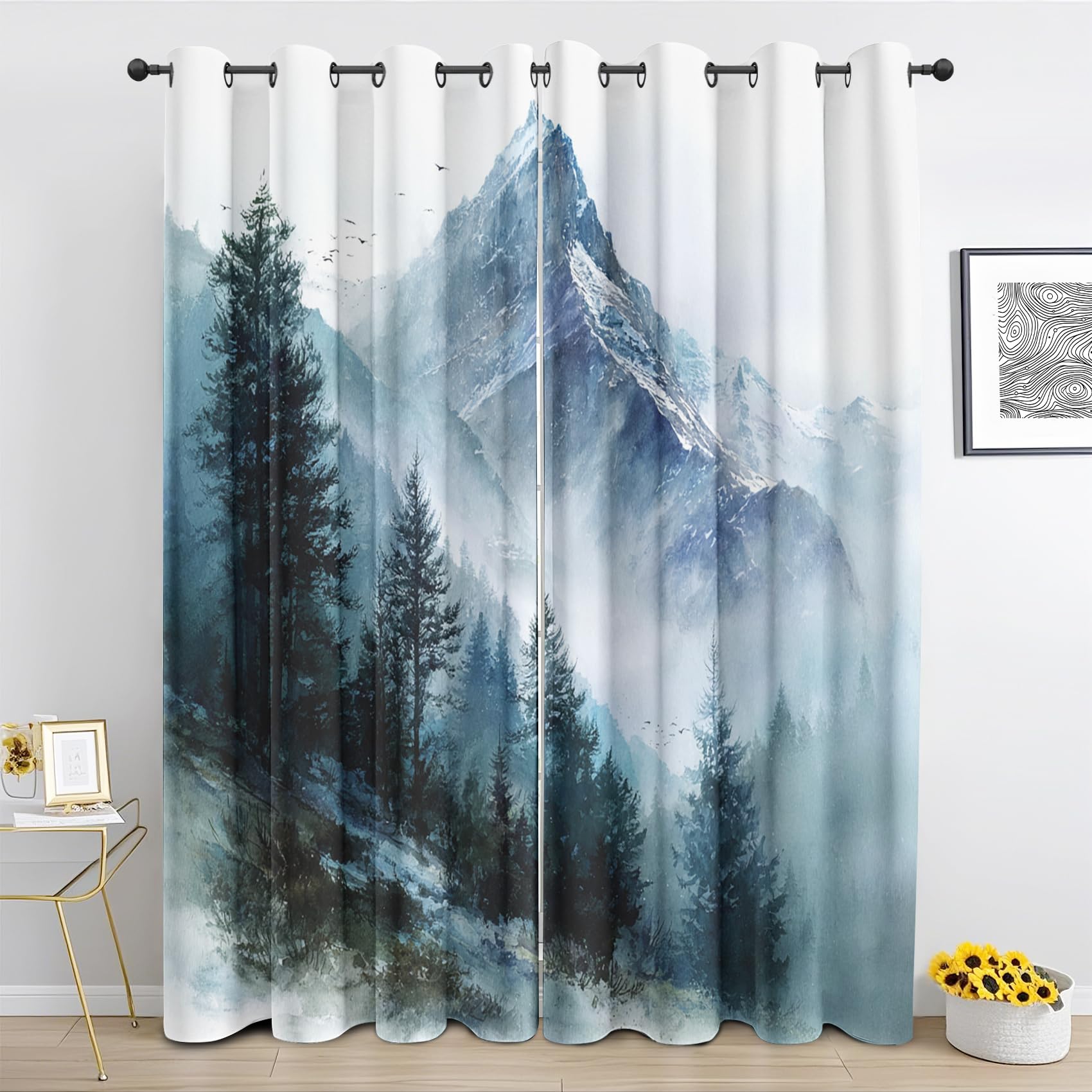 Generisch Wald Berglandschaft Vorhang, Aquarellmalerei Deko Vorhänge mit ösen, Verdunklungsvorhange 2er Set, Thermo Gardinen für Schlafzimmer Wohnzimmer H 200 x B 140 p-151