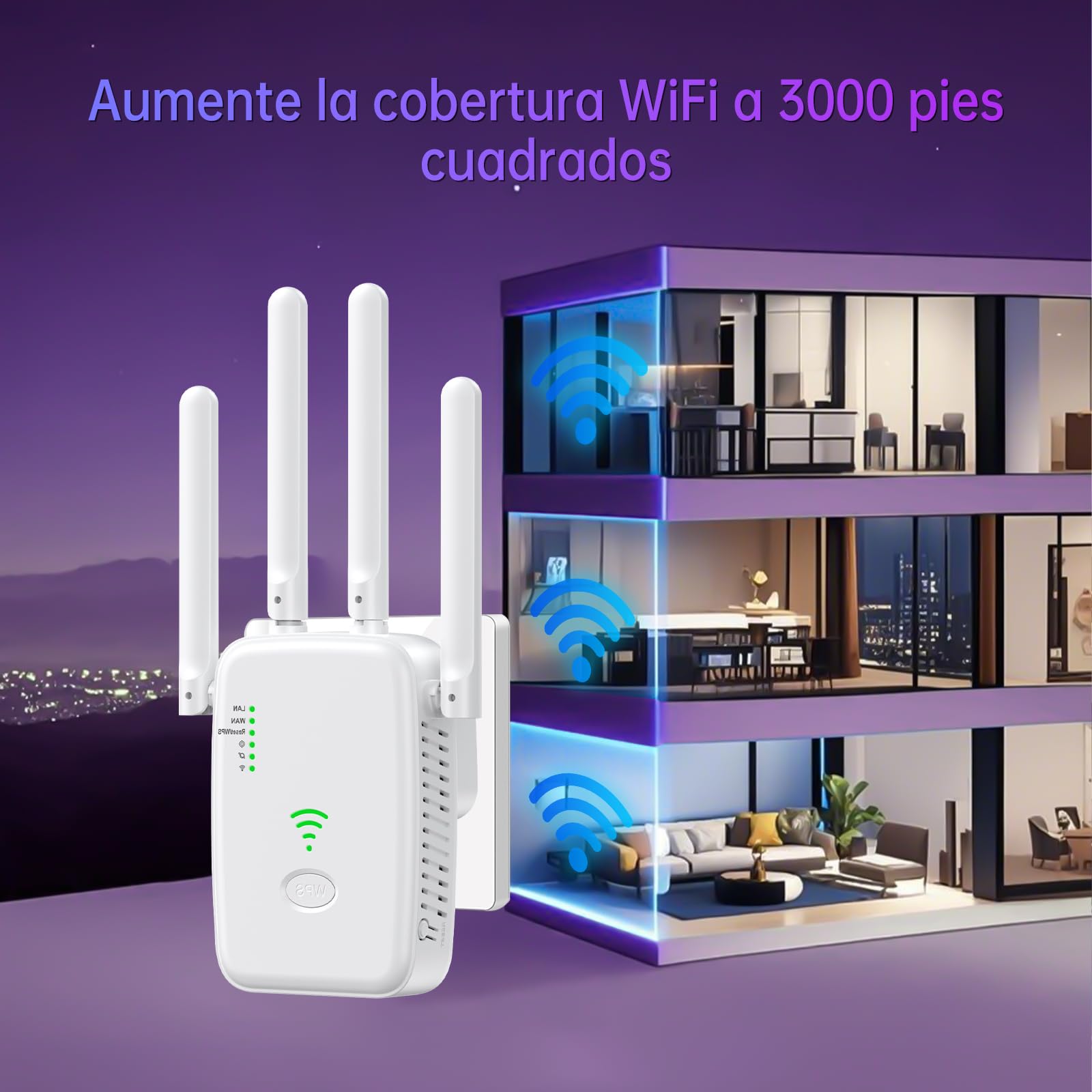 Repetidor WiFi, Amplificador Señal WiFi 2.4GHz 300Mbps Extensor Wi-Fi con Puerto Ethernet, 4 Antenas, repetidor WiFi Largo Alcanc, para oficinas y hogares