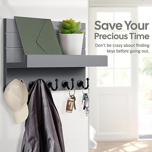 Miniatura 3 de Soporte para llaves y correo para pared organizador rústico para llaves con 5 ganchos resistentes para llaves para entrada, dormitorio, cocina,