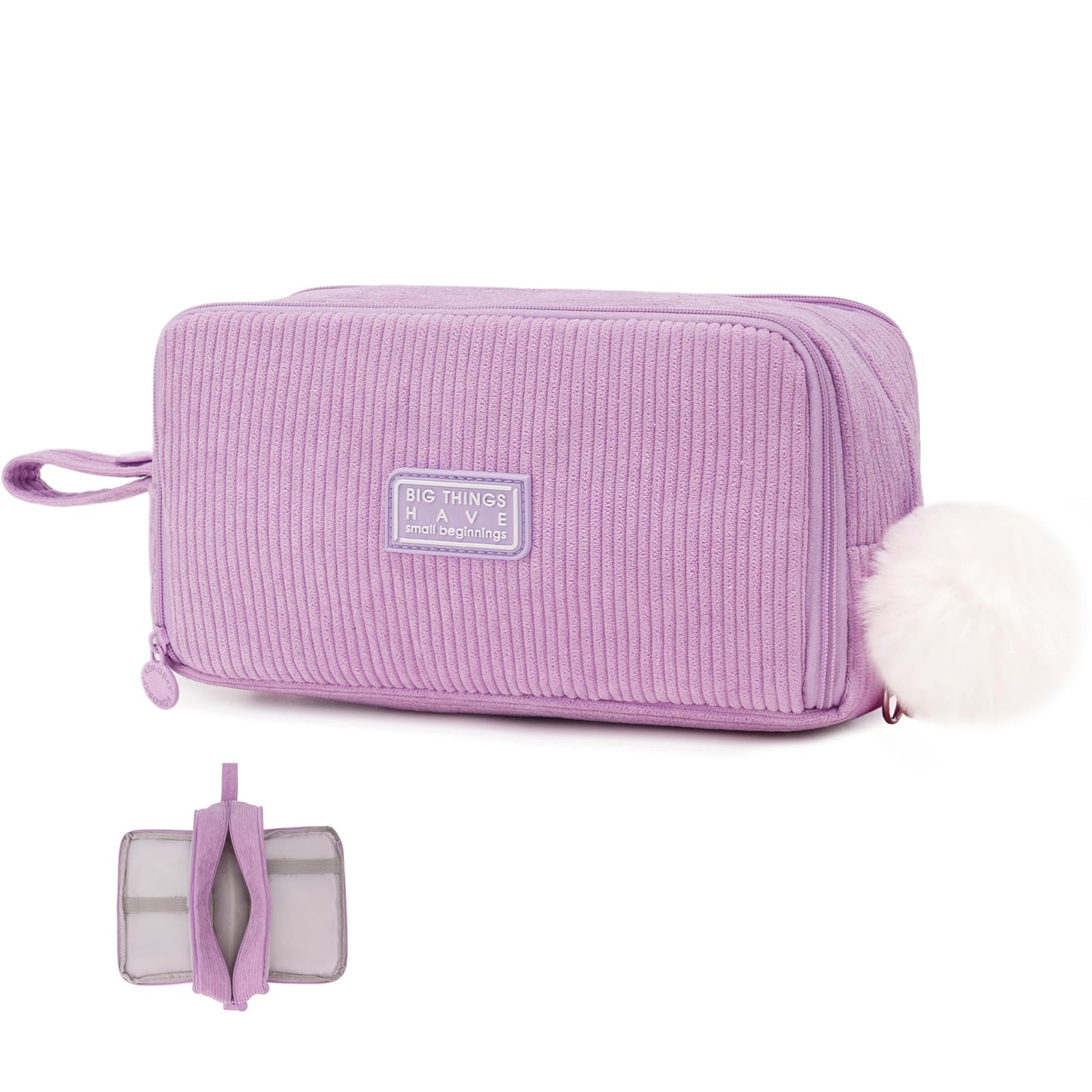 Big Pencil Cases for Girls Boys, Zipper Corduroy Pen Pouch Portable, Purple