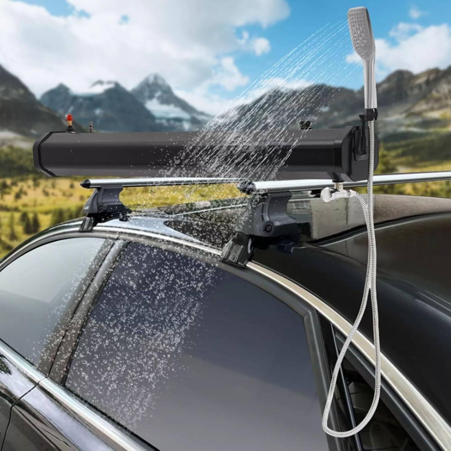 Pressurized Water Tank for Camping Shower, 4.8/5.3/7.9 Gallon Portable Camping Showerhead Handheld with Storage Bag, Roof Rack Mount Road Shower with 4.92ft Water Pipe and Shower Head 20L/5.3Gallon