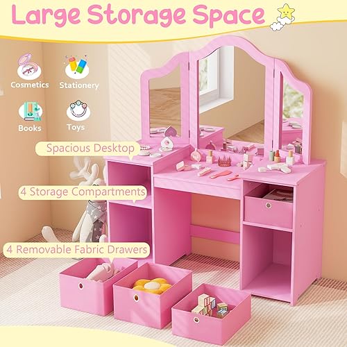 Miniatura 12 de Costzon Vanity - Tocador de maquillaje de princesa 2 en 1 con parte superior desmontable, tocador para niños pequeños con espejo triple y estantes