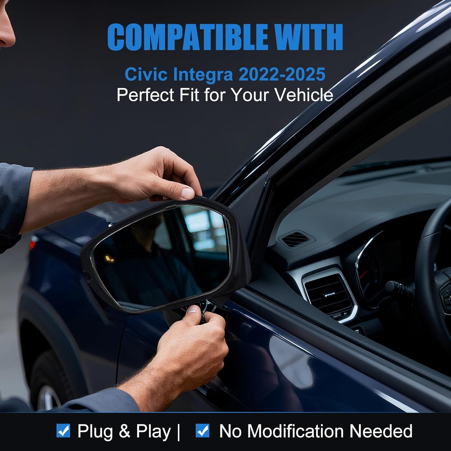 Driver Side Mirror Glass Compatible with 2022-2025 Honda Civic, Heated w/Blind Spot Detection, with Backing Plate, Replacement Power Door Mirror