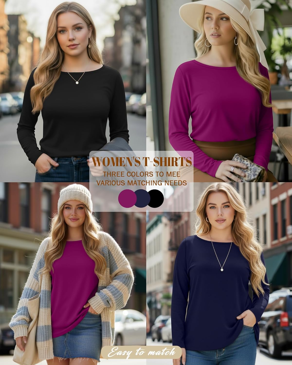 Ficerd 3 Pack Womens Plus Size Long Sleeve Tops Crew Neck Loose Fit T Shirt Stretchy Casual Winter Tops Basic Tees Shirts - Image 2