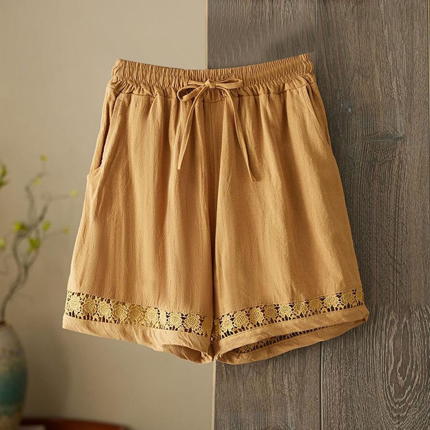 Womens Summer Linen Shorts Wide Leg High Waisted Drawstring Beach Flowy Shorts Lace Trim Cute Short with Pockets
