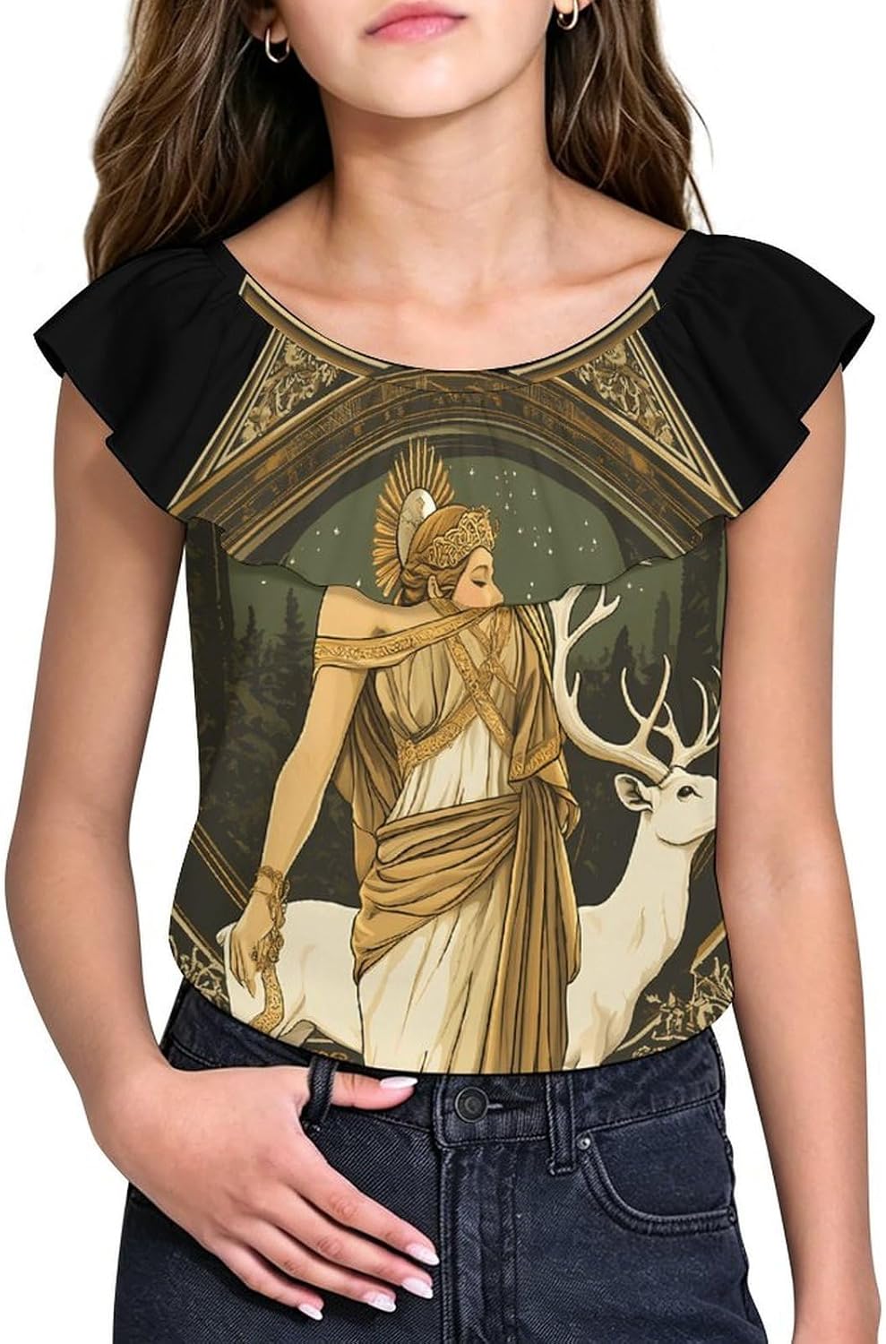 Artemis Goddess Greek Mythology Girls T-Shirts Top Ruffle Short Sleeve Blouse Casual Graphic Tees