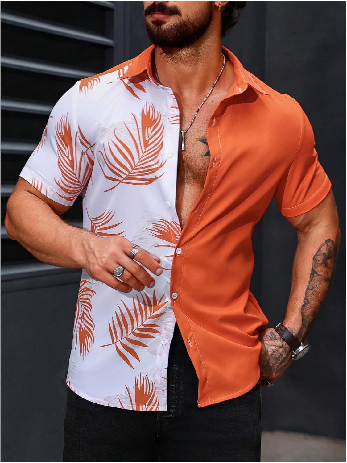 MakeMeChic Men's Tropical Button Down Shirts Color Block Short Sleeve Beach Hawaiian Shirt
