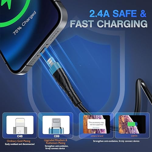 Miniatura 3 de OIITH Cable de carga para iPhone con certificación MFi, paquete de 3 unidades de 6 pies, largo para cable de carga Lightning, cable USB rápido de