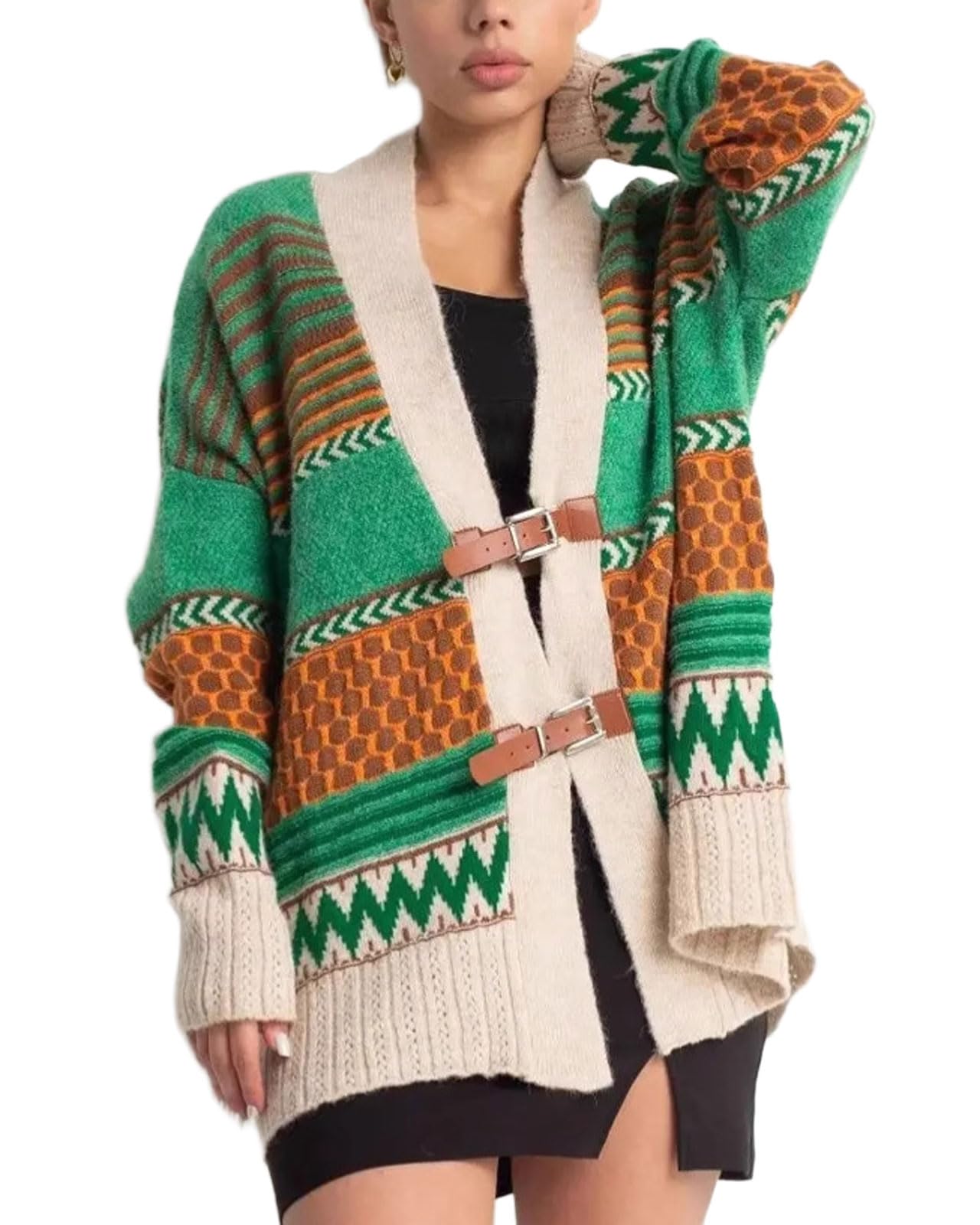 CHARTOU Womens 2025 Fall Buckle Cardigan Lightweight Boho Contrast Color Knit Oversized Sweater