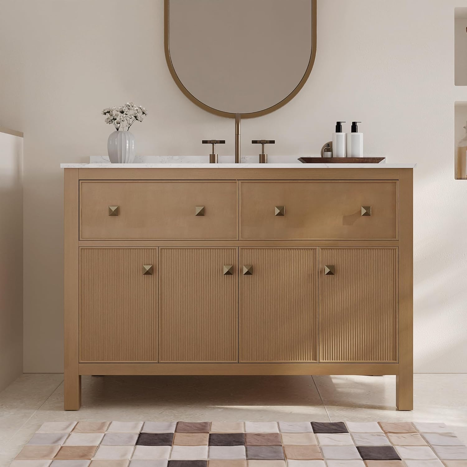 DeerValley 48" Bathroom Vanity, Pre-Assembled Vanity for Bathroom with Soft Closing and Splash Guard, Pre-drilled 3 Holes, Large Storage Space Cabinet, Natural Wood Color