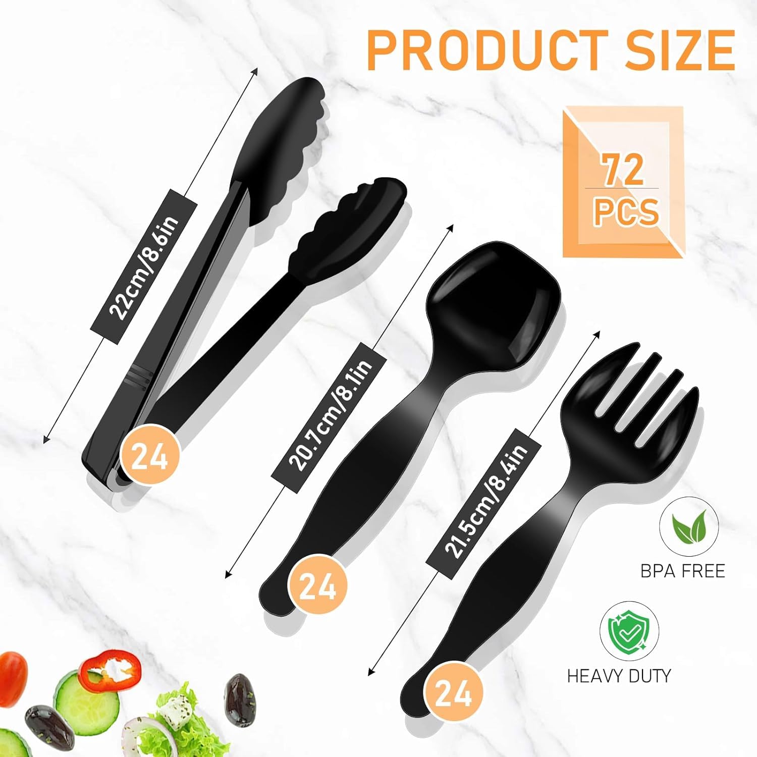 Malloom Set di 72 posate da portata in plastica, 23 cm, forchette e pinze da portata, resistenti posate da buffet, ideali per feste, ristoranti, picnic, insalata, pasta e zuppa