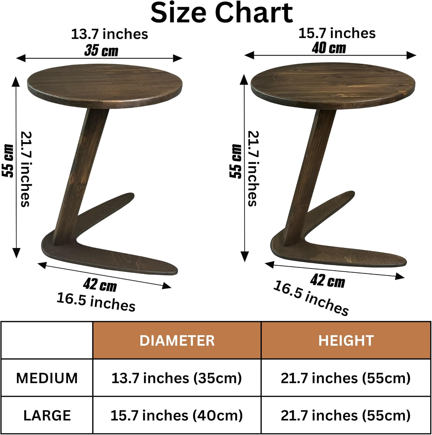 C-Shaped Handmade Solid Wood End Table, Side Table for Couches, Sofa Tables Slide Under Couch for Living Room, Over Couch TV Tray Table for Small Spaces (Medium, Dark Walnut)