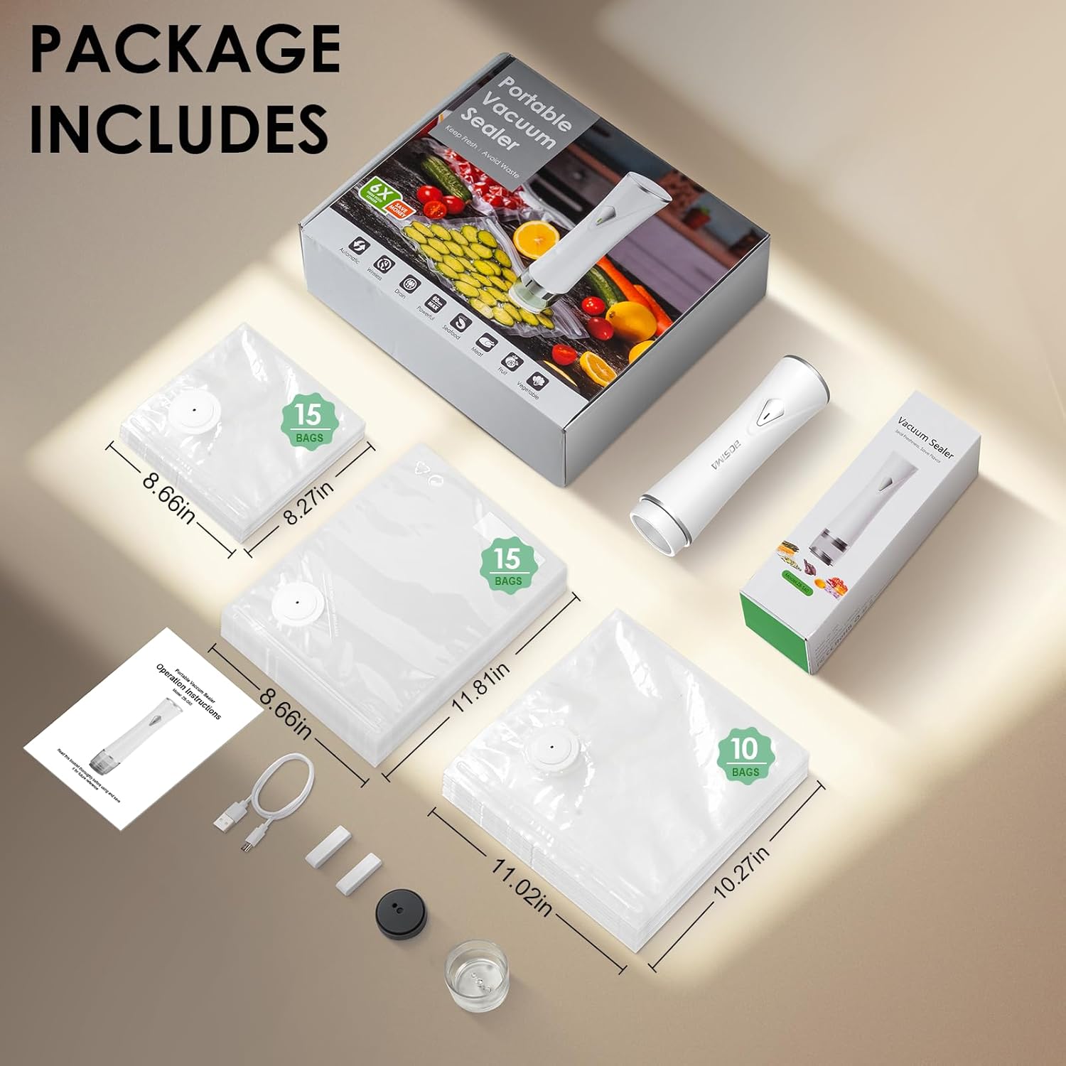 BOSIMIA Compact Handheld Vacuum Sealer for Food Storage with 40 Reusable Vacuum Bags – Cordless Food Vacuum Sealer Machine, Auto-Stop, Creative Drainer, 5S Fast Seal Meal, Leak-Proof for Meat Fruits