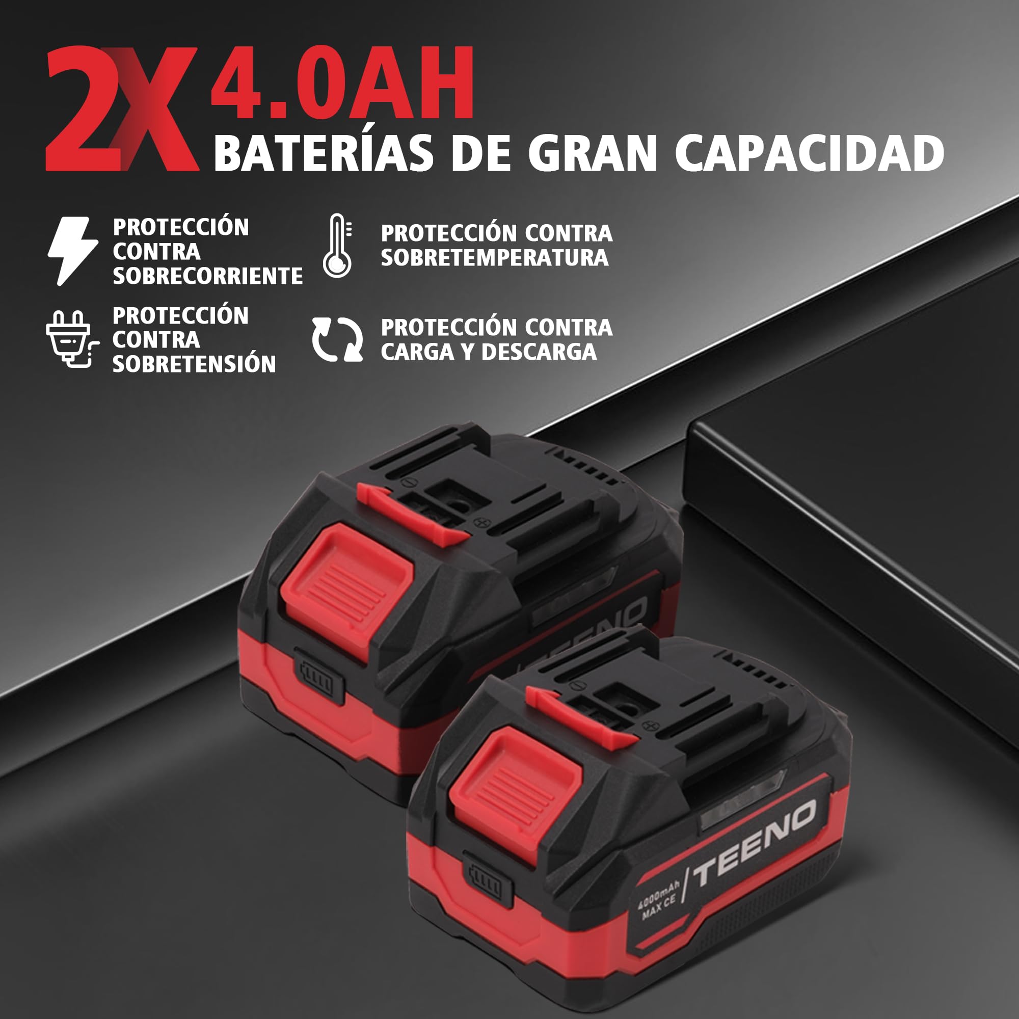 TEENO Amoladora angular inalámbrica, Amoladora batería Ø 125 mm | Radial batería Motor sin escobillas 21V 1000W,2 baterías 4,0 Ah,Velocidad 9100 rpm ,Maletín + Disco de corte