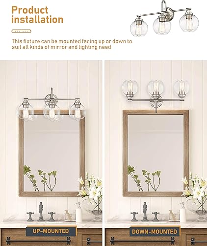 Miniatura 2 de Lámparas de tocador de baño de 3 luces, iluminación de baño de níquel cepillado con pantalla de vidrio transparente, accesorios de iluminación de