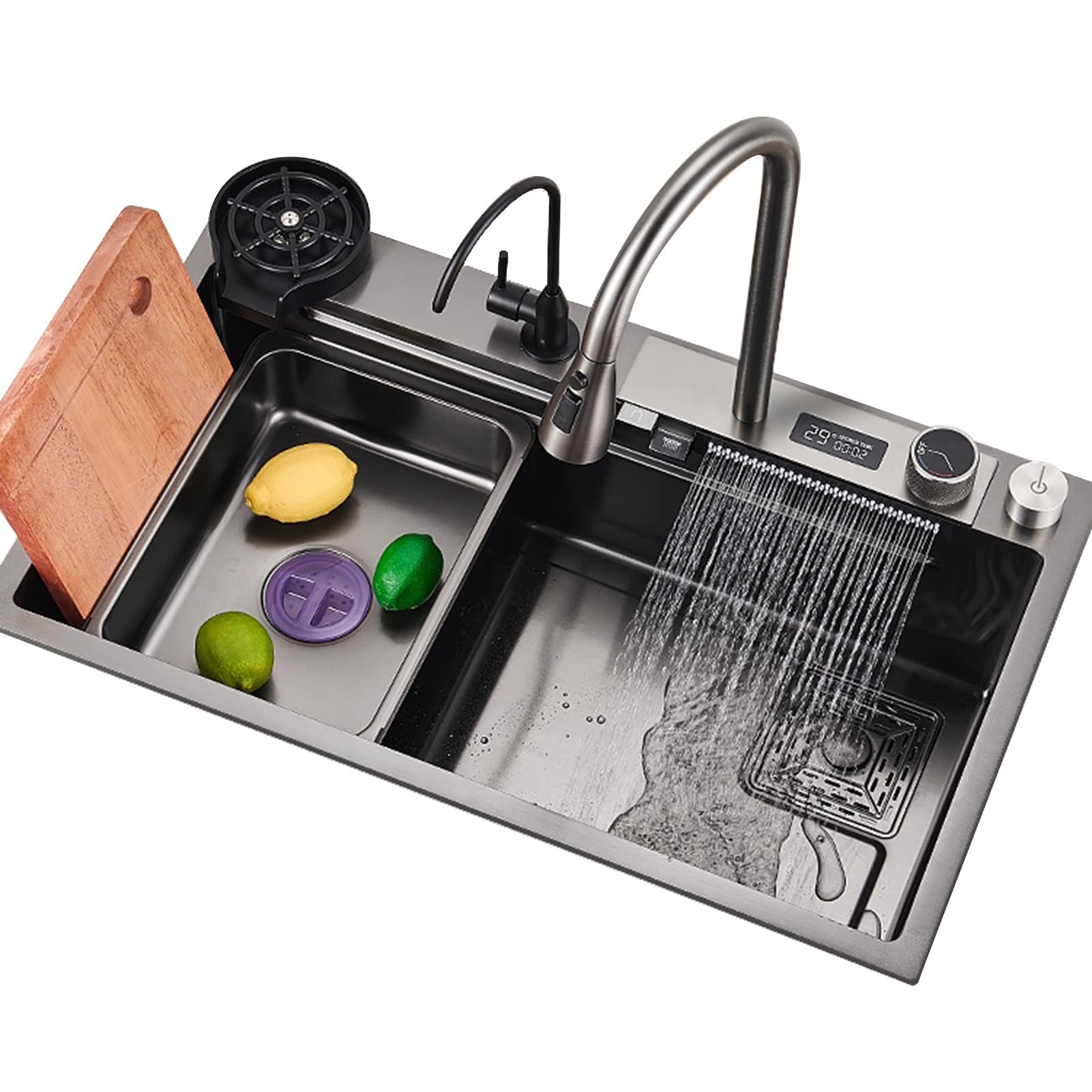 SDdPulse Single Bowl Kitchen Sink Flying Rain Waterfall Sink Household Sink Workstation Kitchen Sink Home Kitchen Sink Built-in Sink with Pull Out Faucet, Grey, 75 x 46 x