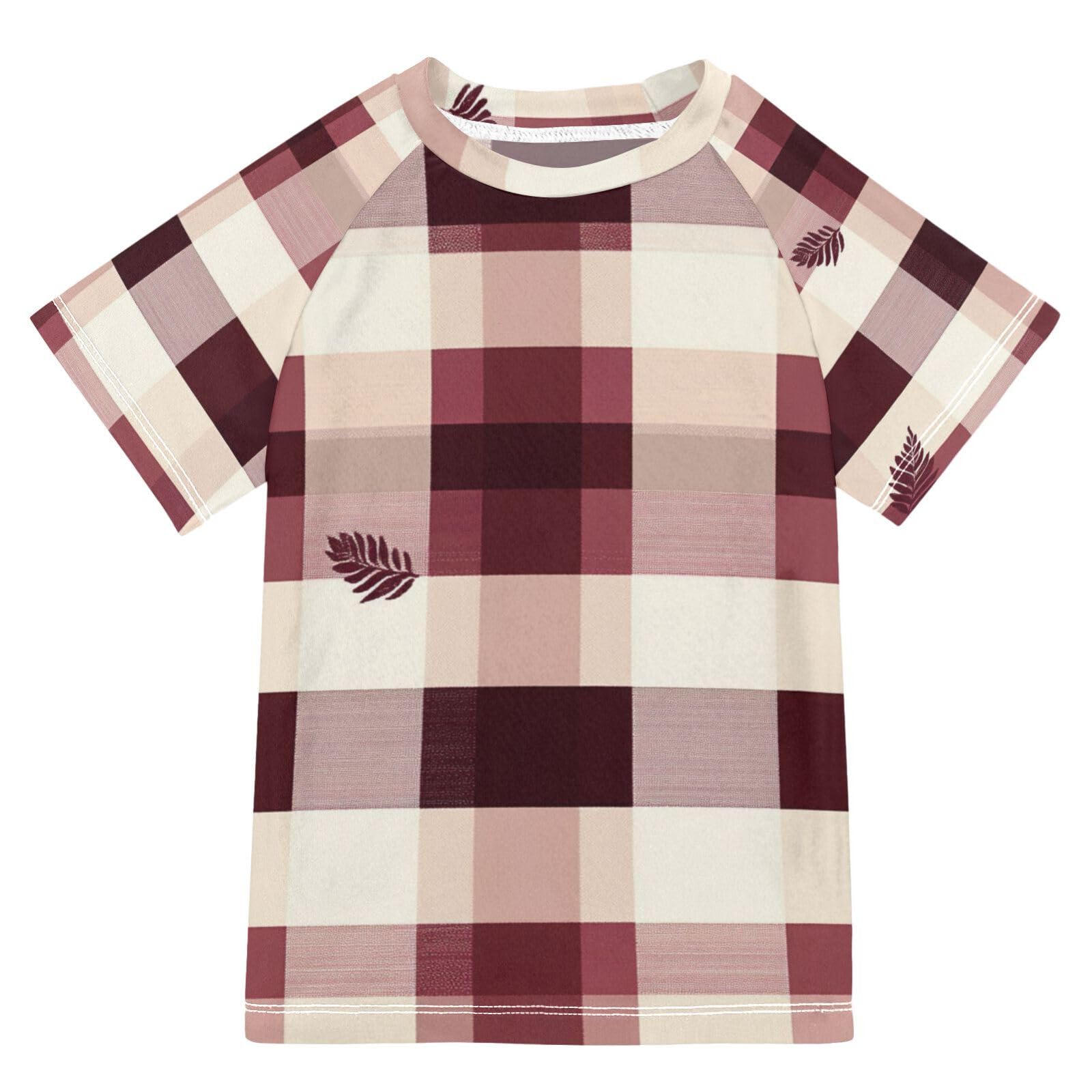 Boy Bathing Suit Short Sleeve Girl Swim Rashguard 9T Buffalo Plaid Check Burgundy White Leaves