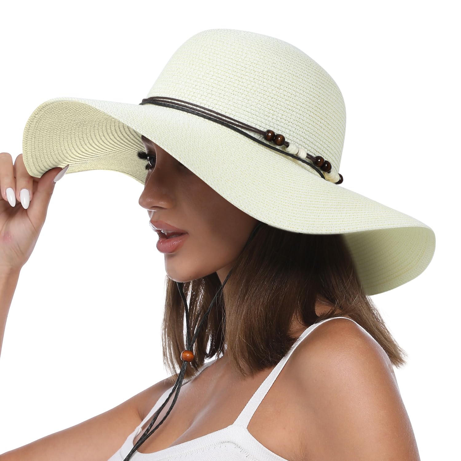 Creekstone Womens Floppy Straw Sun Hat Wide Brim UPF 50 Sun Protection Packable Summer Beach Hats with Wind Lanyard (UK, Alpha, L, Ivory)