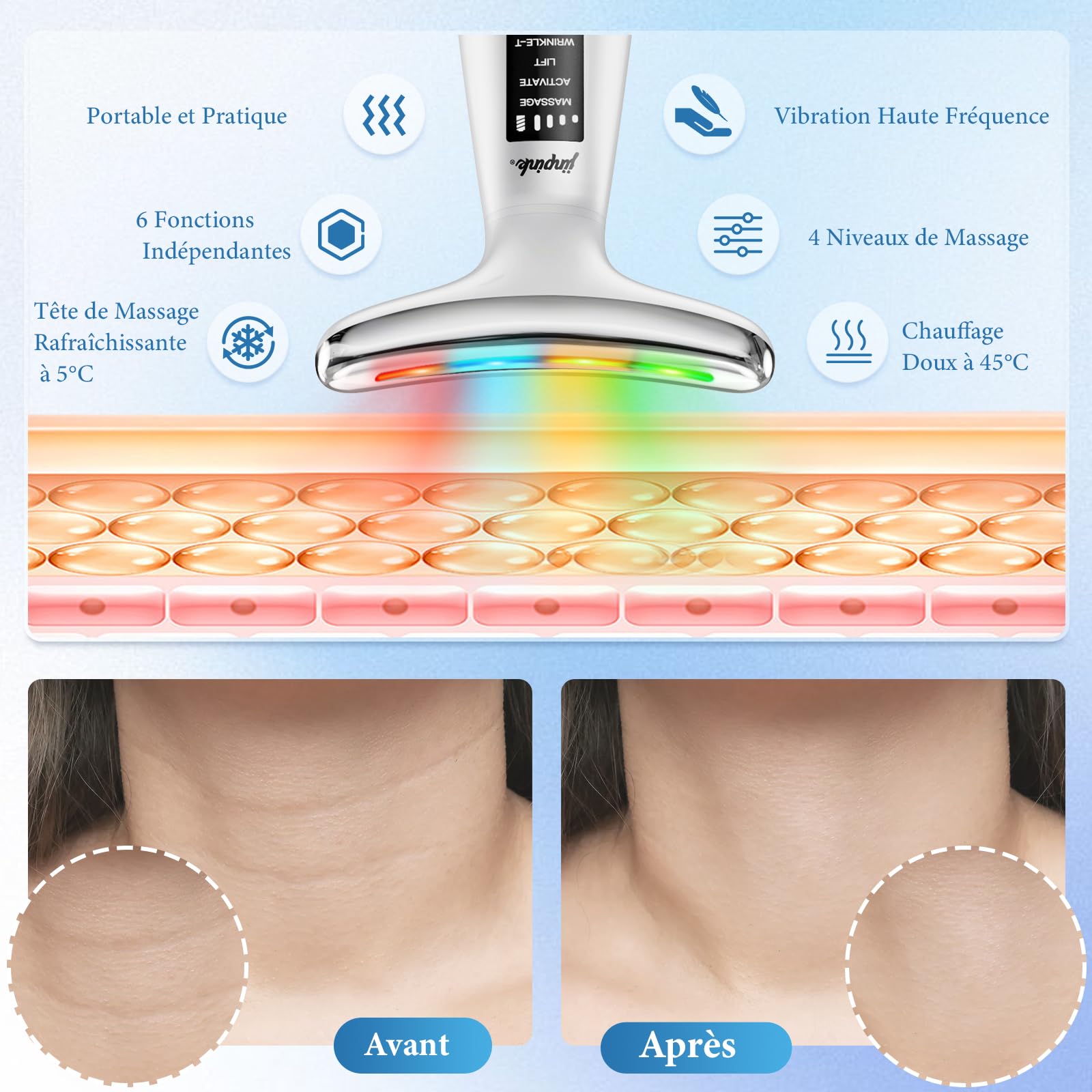 Appareil Visage Anti Ride Lifting: Masseur Visage 5°C Froid & 45°C Chaleur – Appareil Massage de Beauté Electrique EMS 6 Modes LED 7 Couleurs – Soin Anti-Âge Raffermissant Face Cou Double Menton Lift