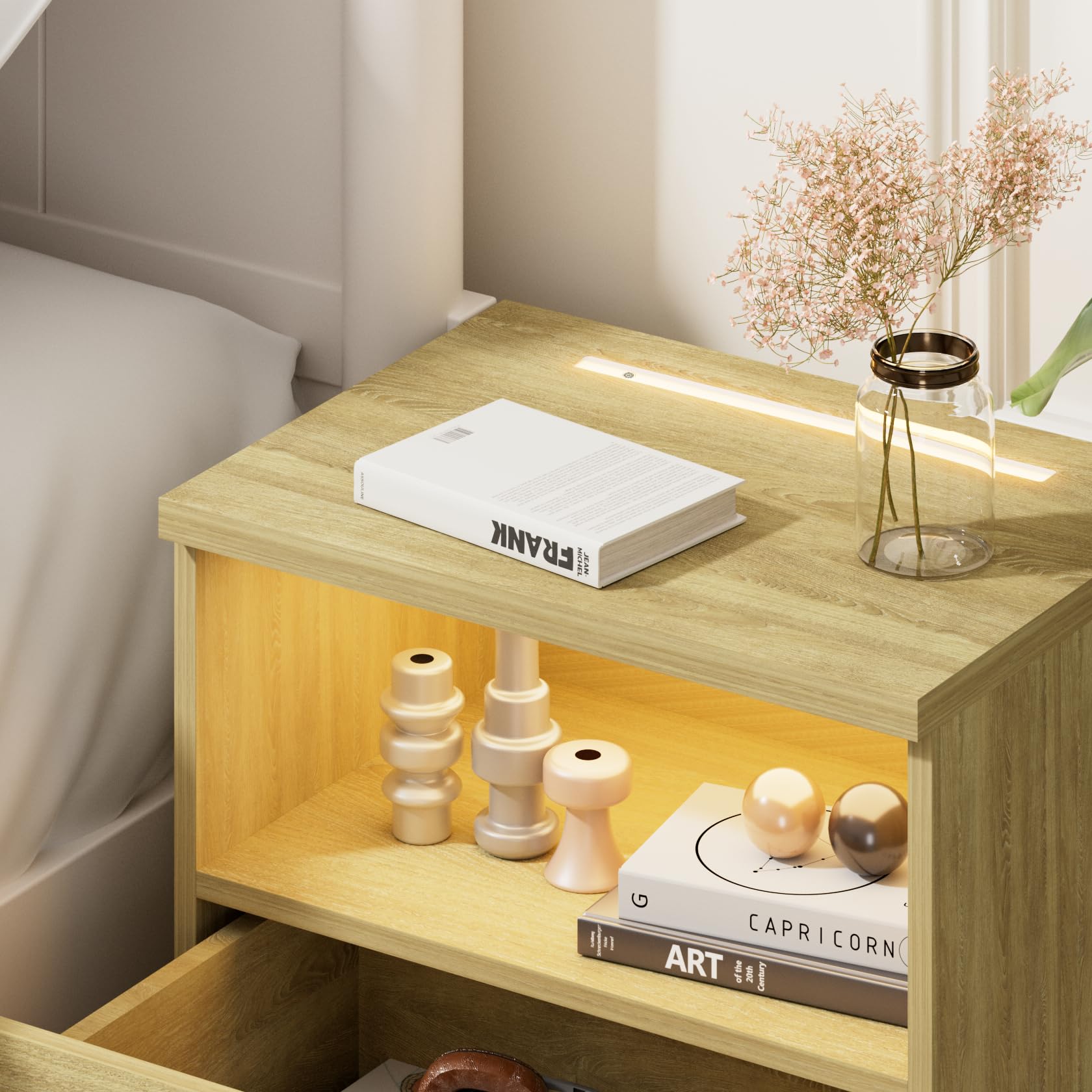 CASARIA® 2X Mesitas de Noche Luz LED Táctil Regulable 2 Cajones 40x28x55cm Mesa Auxiliar Dormitorio Salón Roble