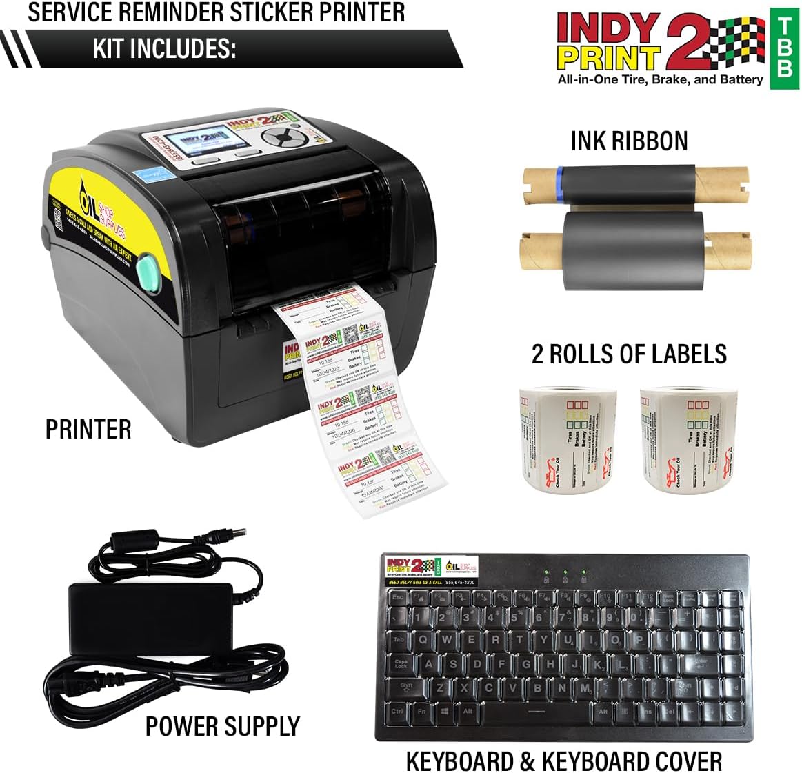 Indy 2 Printer Kit TBB Tire, Brake, Battery, Mileage and Date, Auto Service Reminder Printer 1,000 Labels