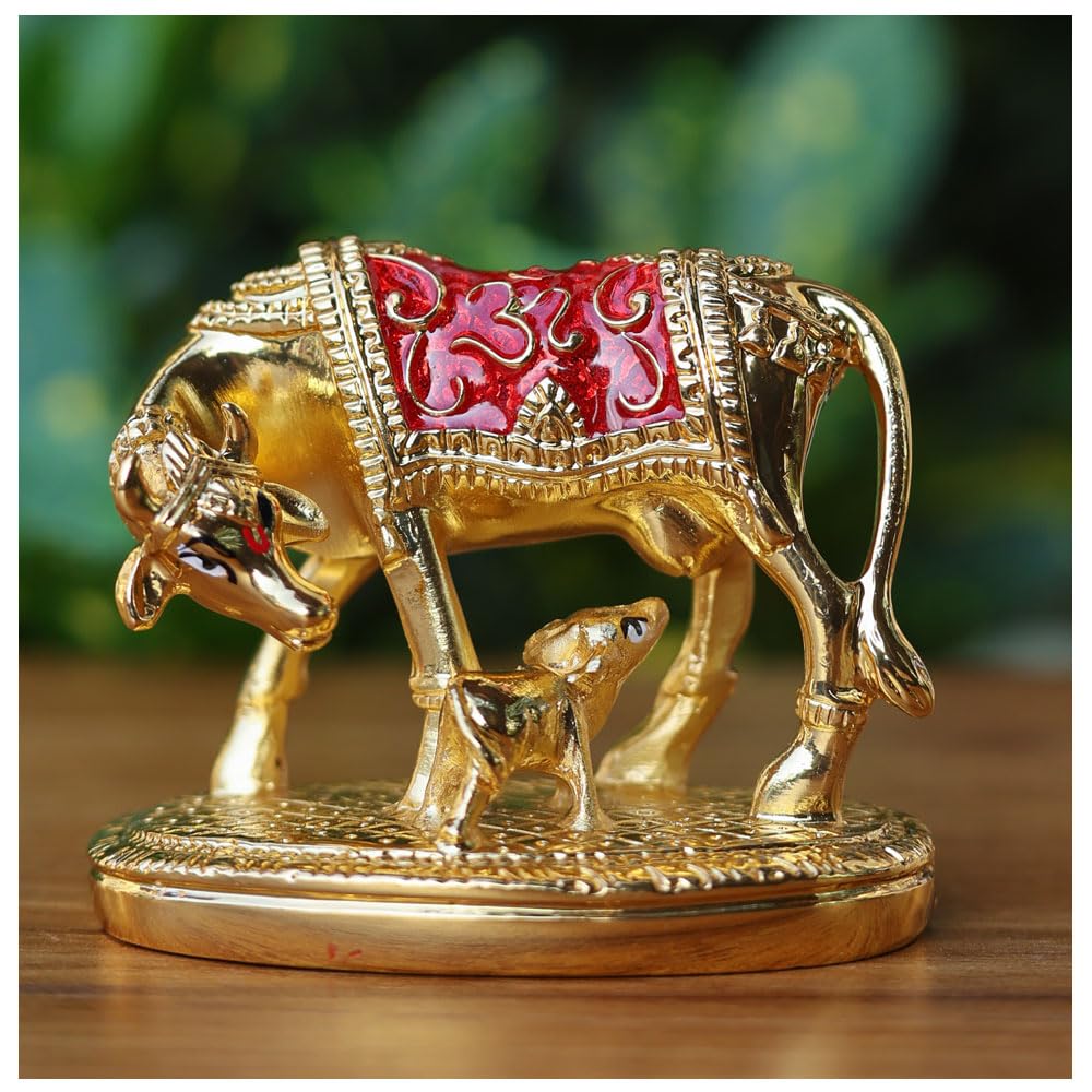 HIRANYA Crafts Kamdhenu Cow with Calf Pure 24k Gold PlatedVastu Idol is a Divine Cow & Calf Statue | Perfect for Pooja Rooms | Kamadhenu Cow & Calf | Gold Mina (2.5 Inches)