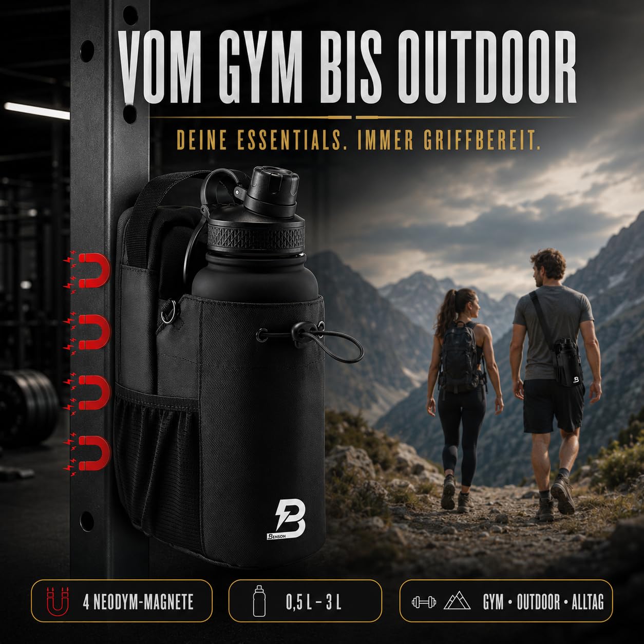 Benson Sac de fitness magnétique - Sac banane avec fixation magnétique puissante - Porte-bouteille pour bouteilles jusqu'à 3000 ml - Compartiment pour téléphone portable - Mousqueton - Pour homme et