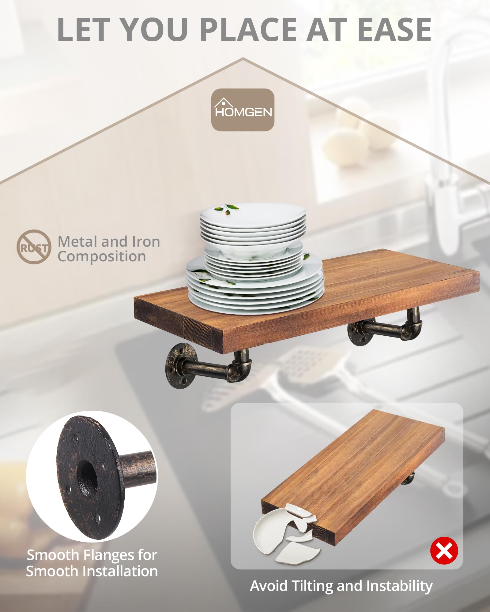 HOMGEN Paquete de 10 soportes de estante de tubería industrial flotante, soporta 25 kg, soportes resistentes con accesorios de tornillo, soportes de pared de hierro para estanterías, andamios (15 x 8