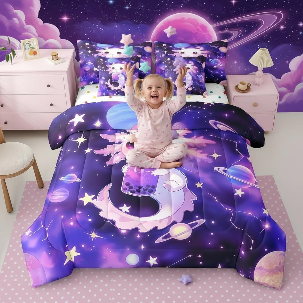 Erosebridal Kids Cute Axolotl Comforter Set with Sheets Full Galaxy Planet Space Axolotl 7 Piece Bedding Set Boys Girls Cartoon Sea Animals Bed in A Bag Purple Starry Sky Teens Bed Set Room Decor image 3