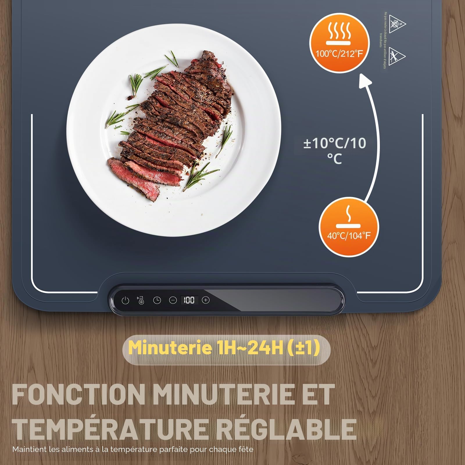 Euakee Chauffe Plat Électrique, Plateau Chauffant avec Température Réglable 40°C - 100°C et Minuteur de 1-24 Heures, avec Écran LCD, Chauffe Assiette à Réchaud pour Buffets, Fêtes, Banquet (02)