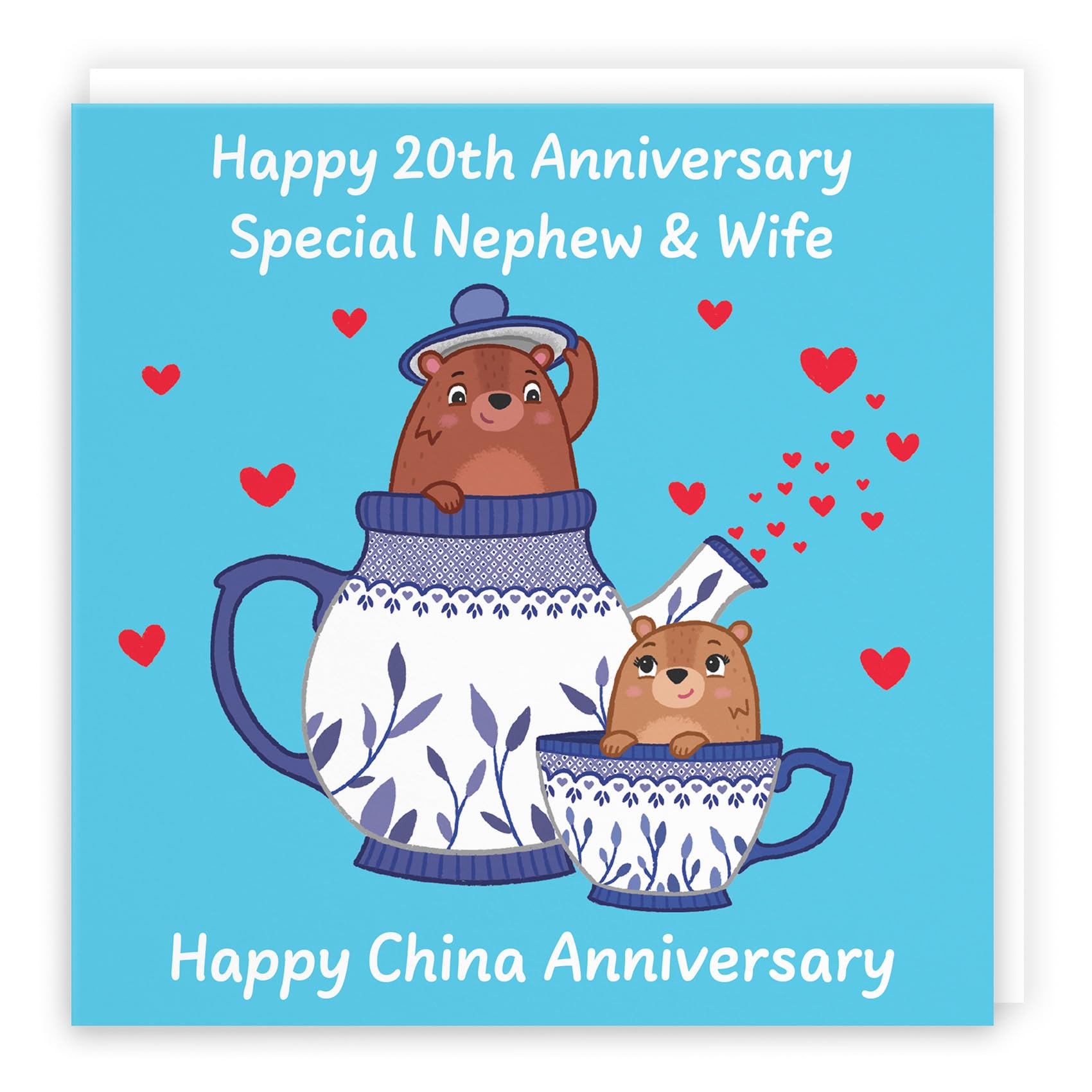 Hunts England - Nephew And Wife 20th Anniversary Card - China Anniversary - 20 Years - Cute Fun Bears Card - Love Story Collection