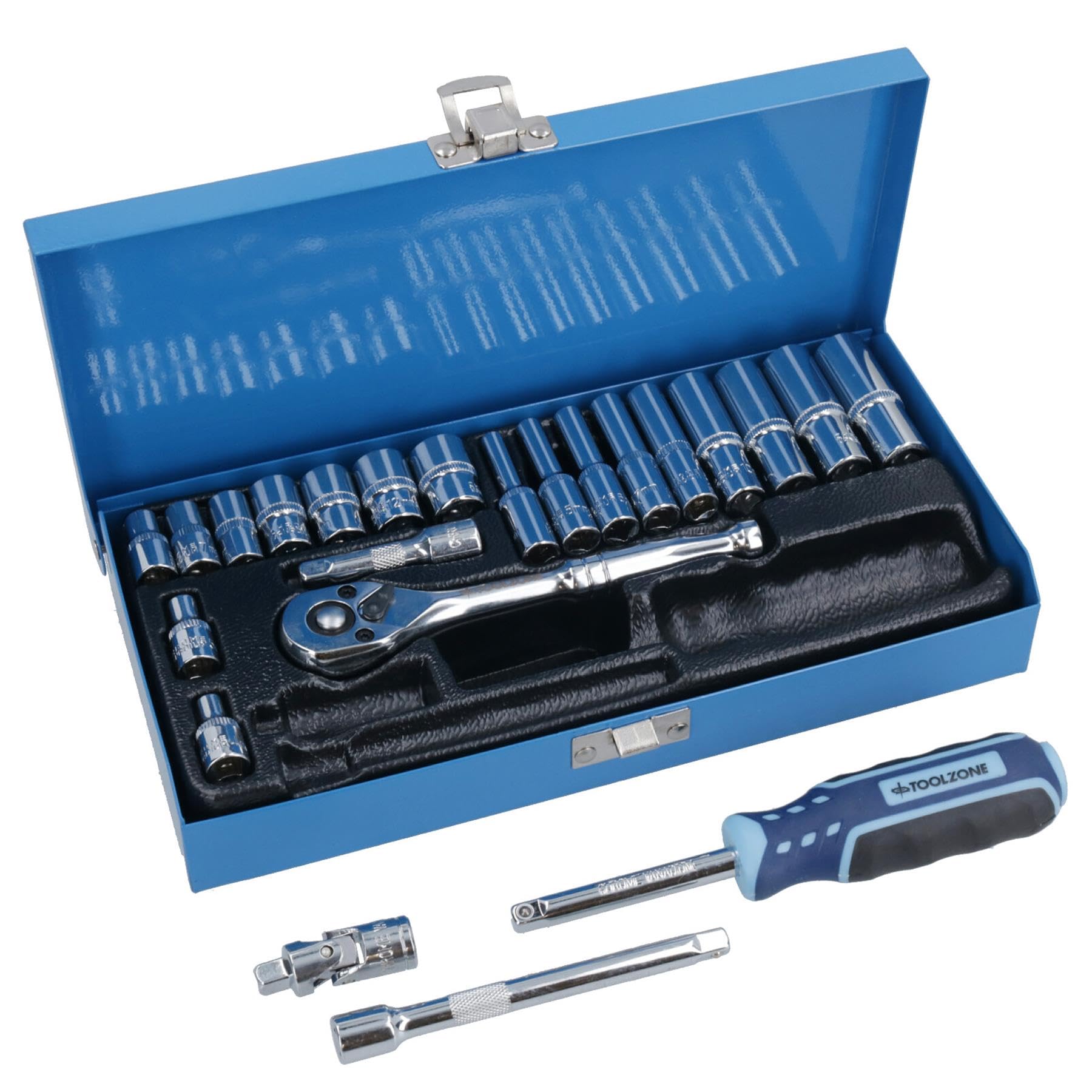 1/4-Zoll-Antrieb, 23-teiliges metrisches Steckschlüssel-Set, flache tiefe Stecknüsse, Ratschenverlängerung UJ